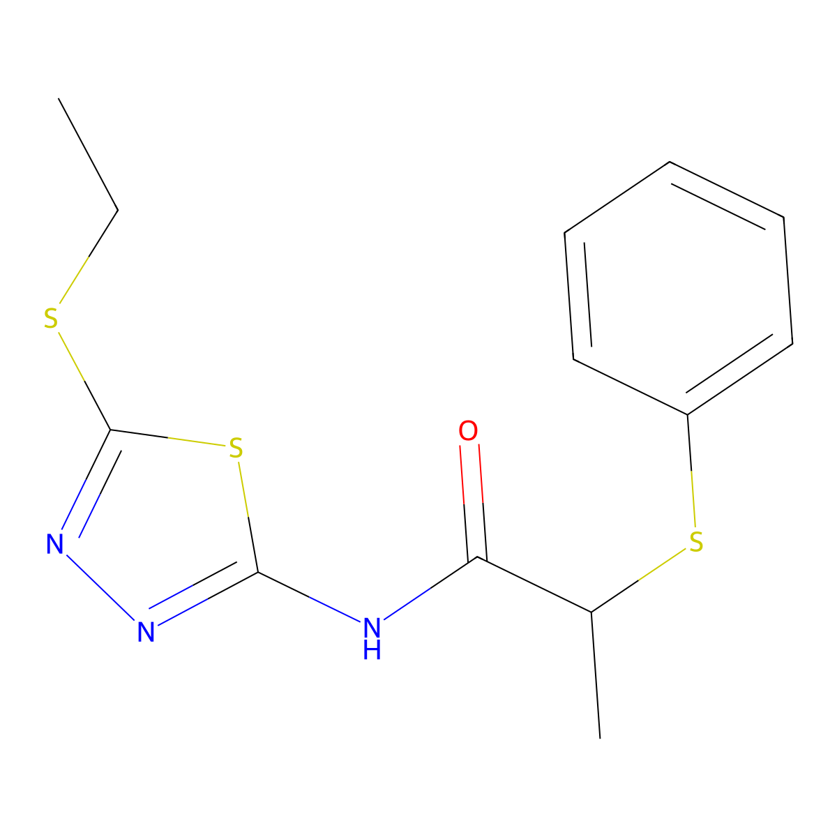N-[5-(ethylsulfanyl)-1,3,4-thiadiazol-2-yl]-2-(phenylsulfanyl)propanamide molecular structure, CAS 394236-07-8