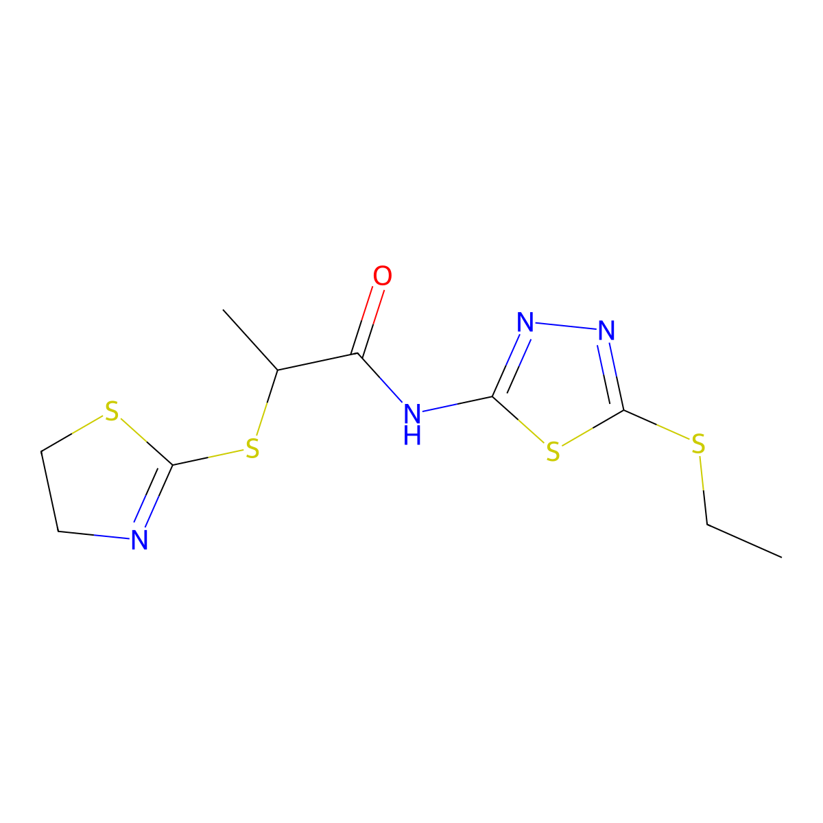 2-((4,5-dihydrothiazol-2-yl)thio)-N-(5-(ethylthio)-1,3,4-thiadiazol-2-yl)propanamide molecular structure, CAS 394236-12-5