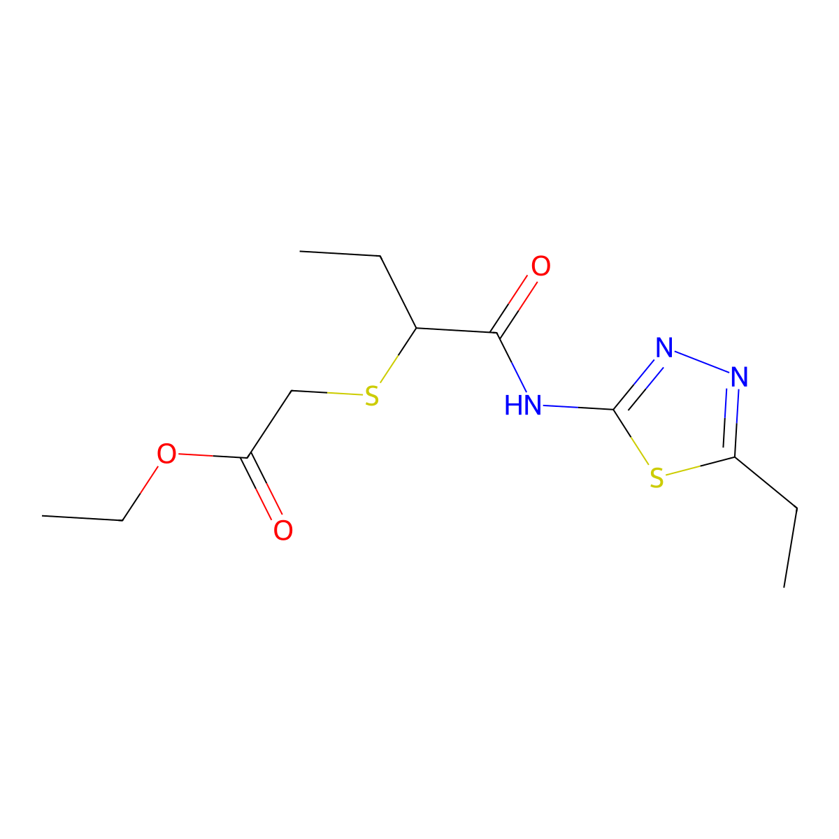 Ethyl 2-((1-((5-ethyl-1,3,4-thiadiazol-2-yl)amino)-1-oxobutan-2-yl)thio)acetate molecular structure, CAS 394236-44-3
