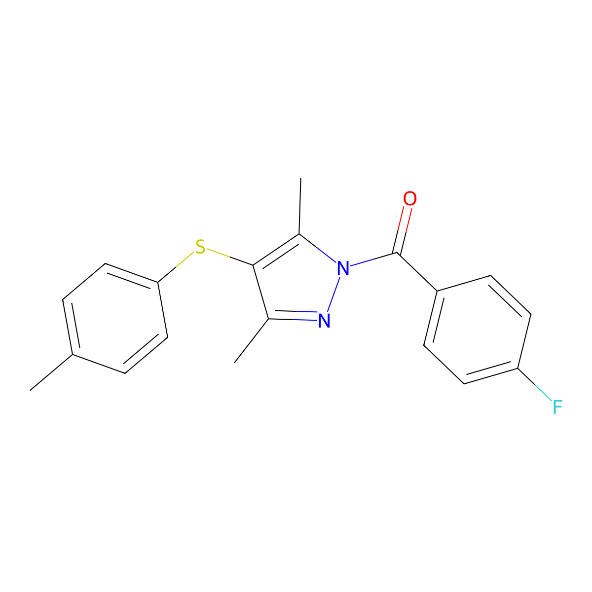 (3,5-dimethyl-4-(p-tolylthio)-1H-pyrazol-1-yl)(4-fluorophenyl)methanone molecular structure, CAS 394236-48-7