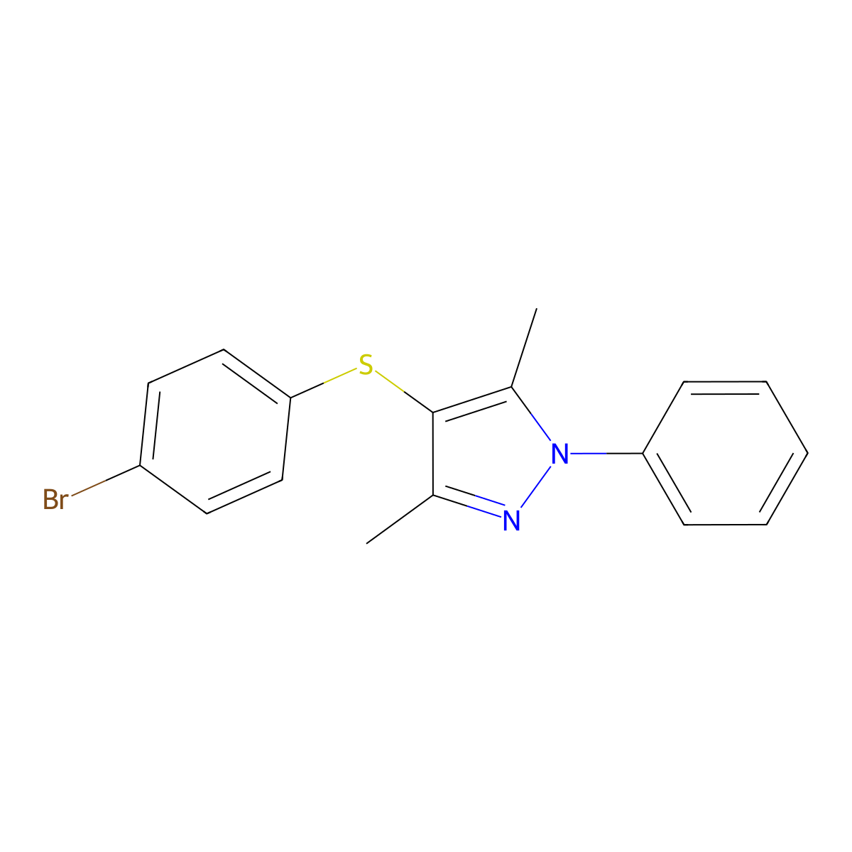 4-((4-bromophenyl)thio)-3,5-dimethyl-1-phenyl-1H-pyrazole molecular structure, CAS 394236-62-5