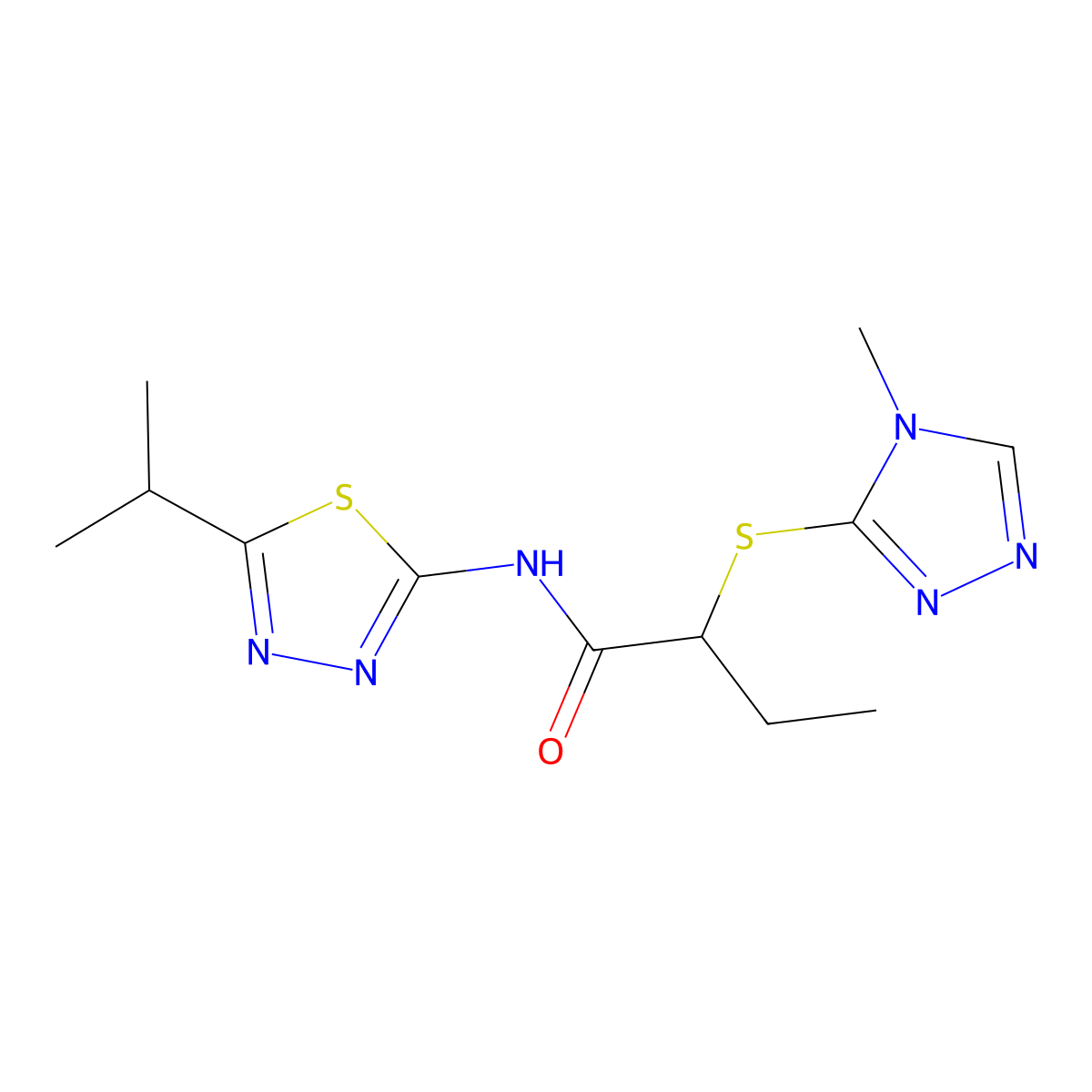 2-[(4-methyl-1,2,4-triazol-3-yl)sulfanyl]-N-(5-propan-2-yl-1,3,4-thiadiazol-2-yl)butanamide molecular structure, CAS 394236-69-2