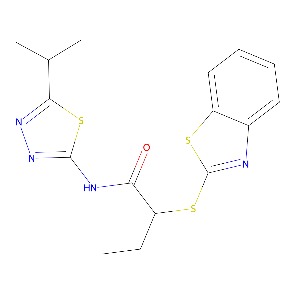 2-(benzo[d]thiazol-2-ylthio)-N-(5-isopropyl-1,3,4-thiadiazol-2-yl)butanamide molecular structure, CAS 394236-71-6