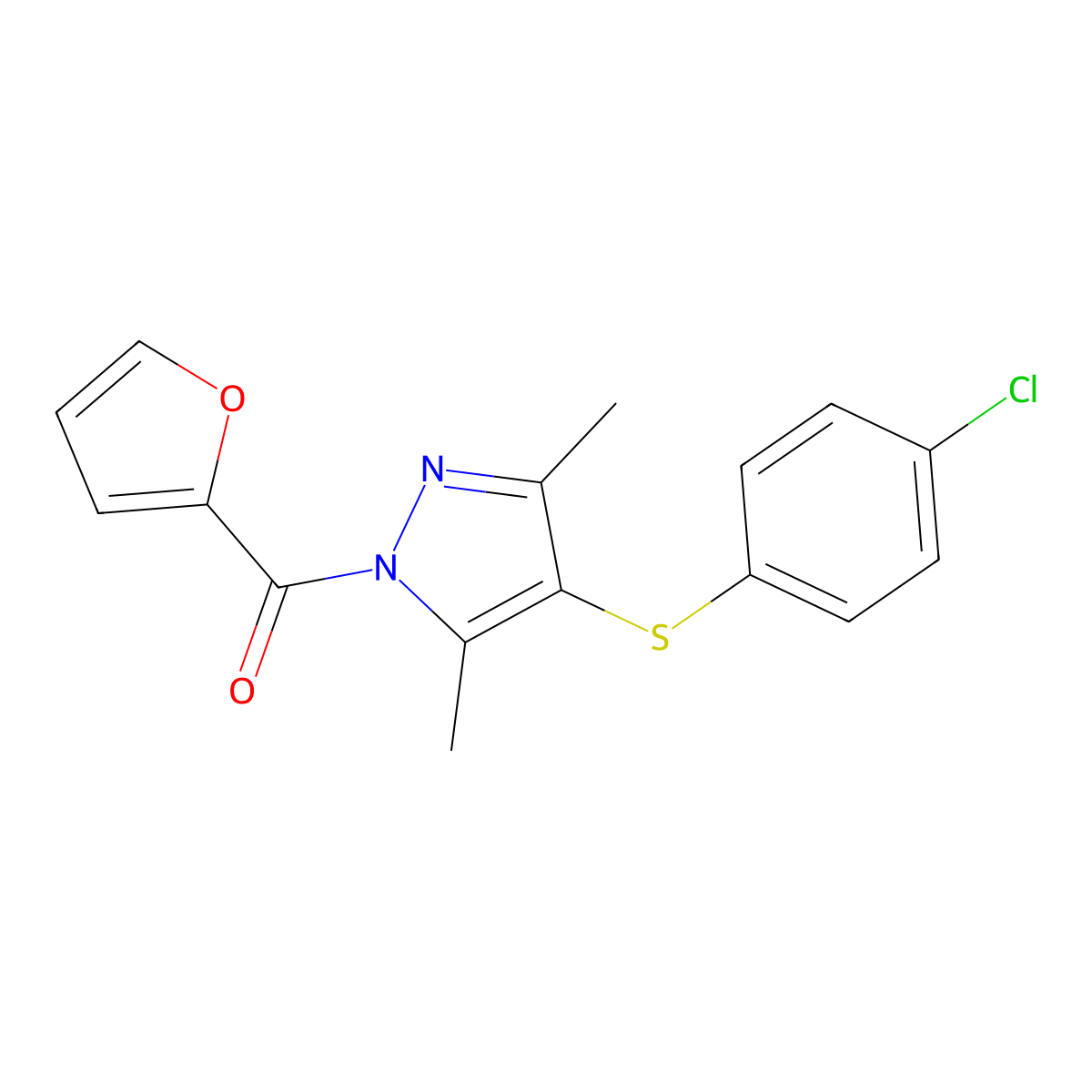 [4-(4-Chloro-phenylsulfanyl)-3,5-dimethyl-pyrazol-1-yl]-furan-2-yl-methanone molecular structure, CAS 394236-78-3