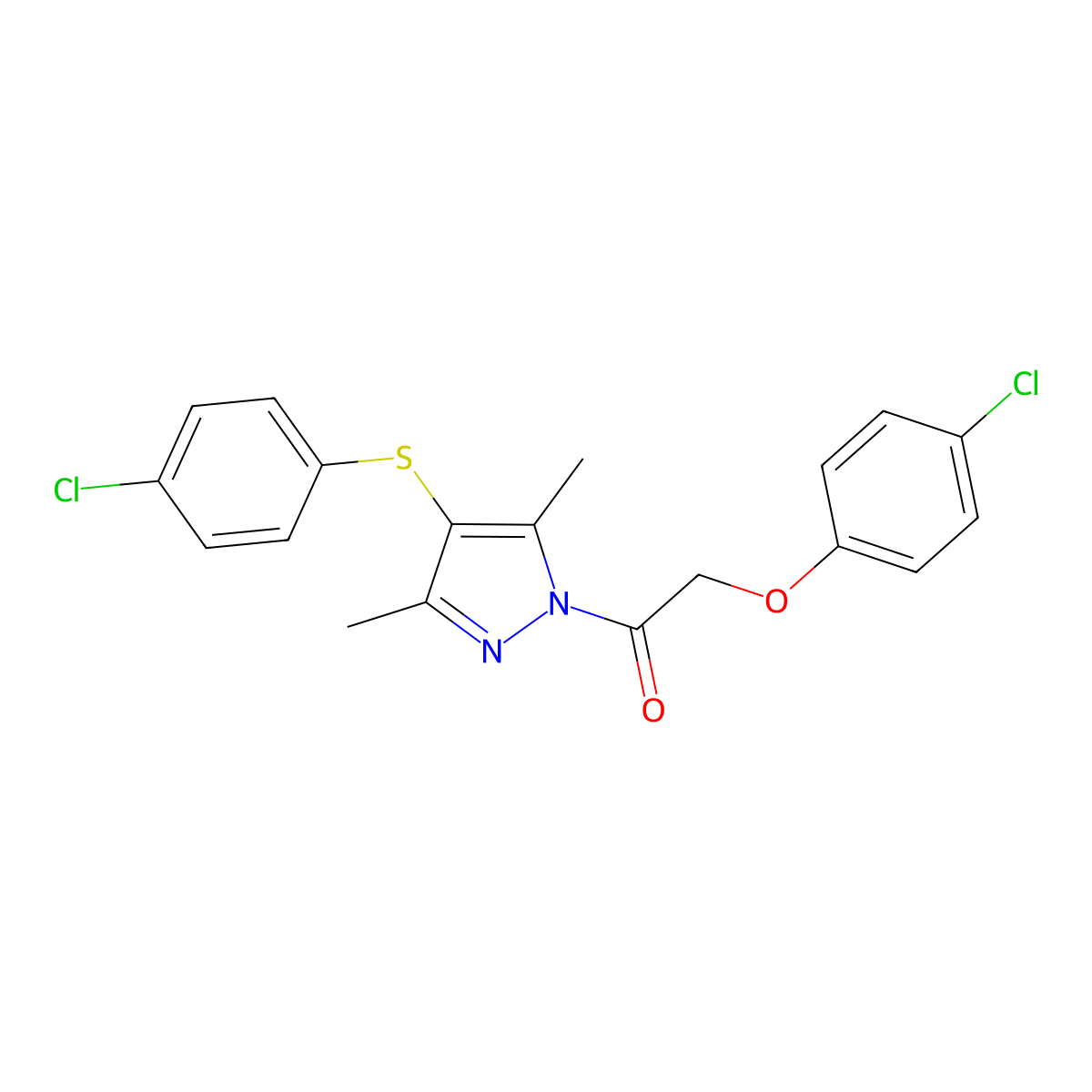 2-(4-chlorophenoxy)-1-{4-[(4-chlorophenyl)sulfanyl]-3,5-dimethyl-1H-pyrazol-1-yl}ethan-1-one molecular structure, CAS 394236-82-9