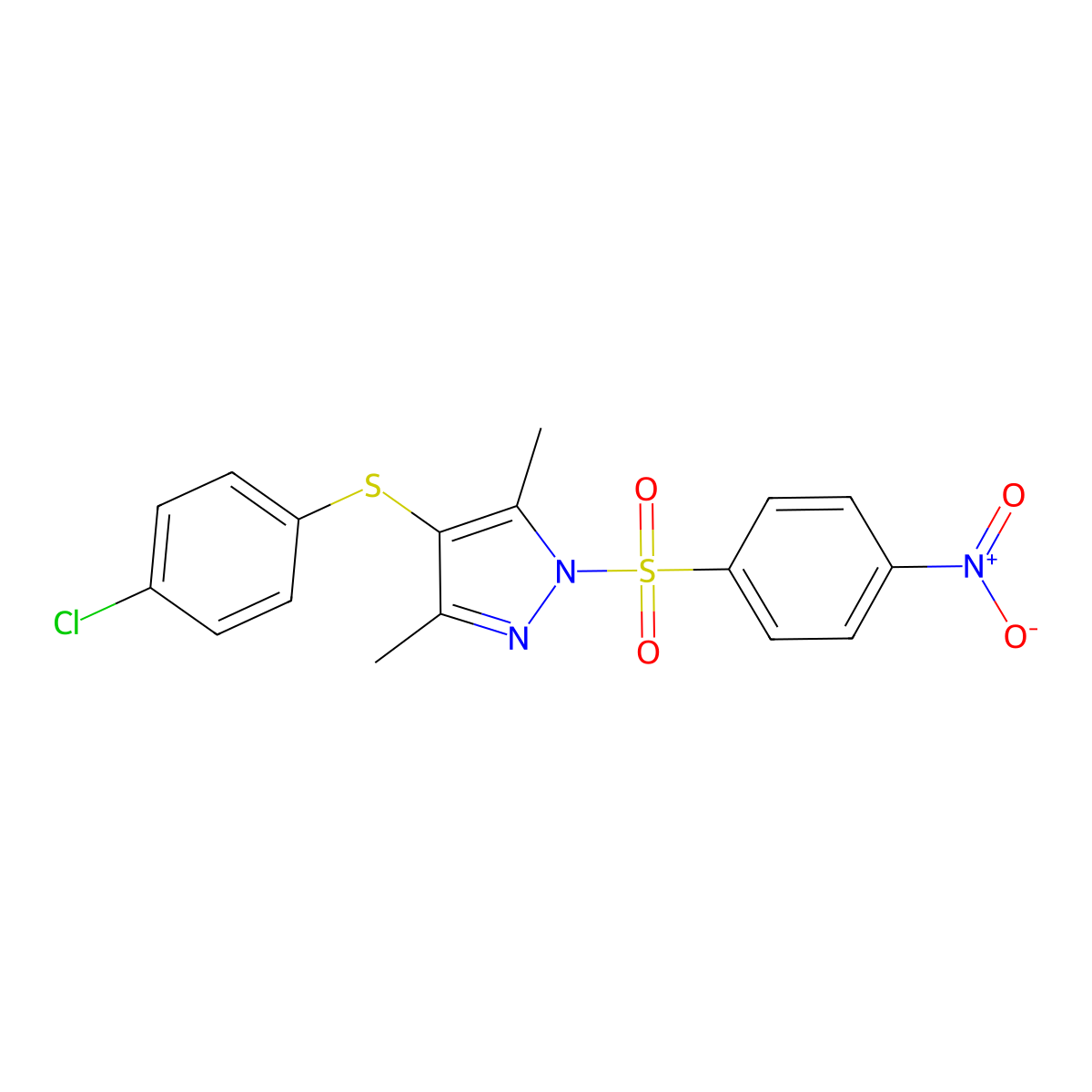 4-((4-chlorophenyl)thio)-3,5-dimethyl-1-((4-nitrophenyl)sulfonyl)-1H-pyrazole molecular structure, CAS 394236-87-4