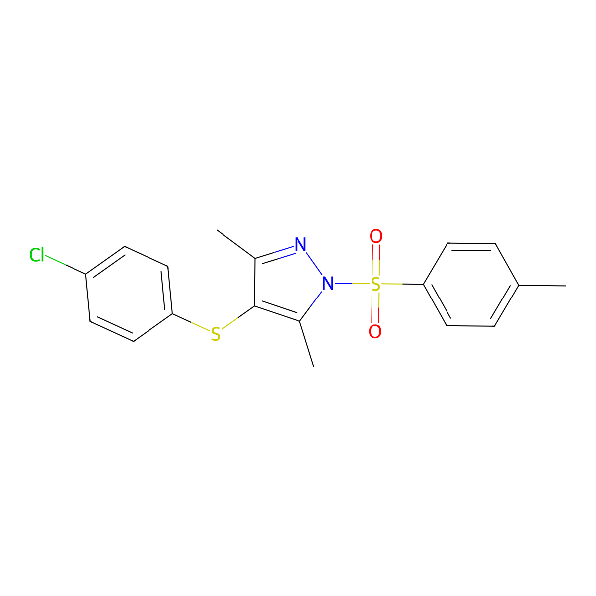 4-((4-chlorophenyl)thio)-3,5-dimethyl-1-tosyl-1H-pyrazole molecular structure, CAS 394236-89-6