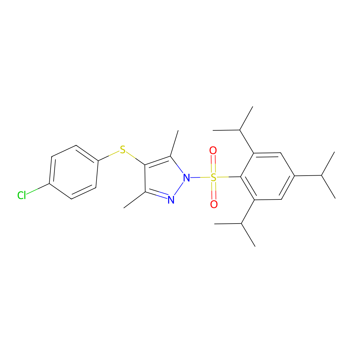 4-((4-chlorophenyl)thio)-3,5-dimethyl-1-((2,4,6-triisopropylphenyl)sulfonyl)-1H-pyrazole molecular structure, CAS 394236-98-7