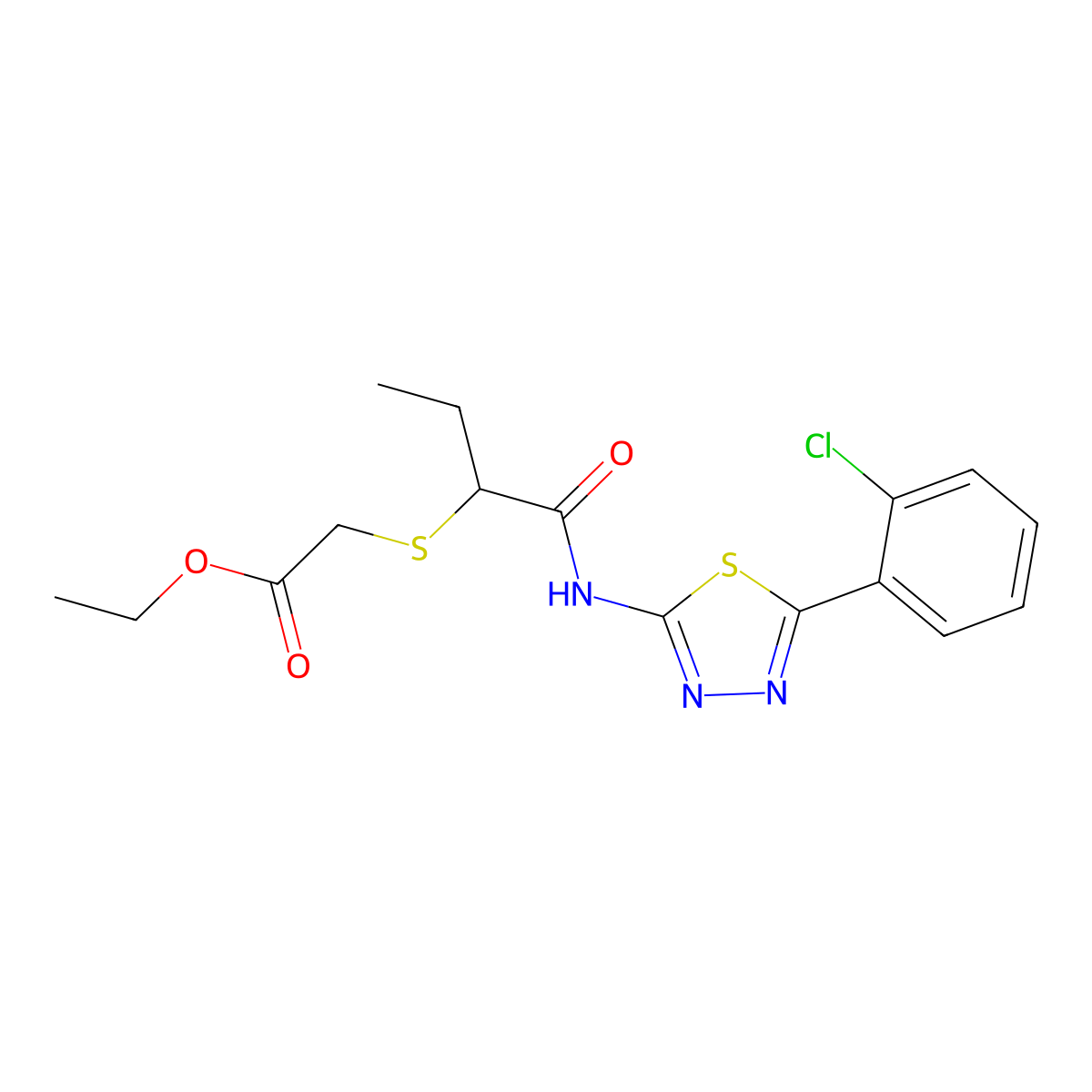 Ethyl 2-((1-((5-(2-chlorophenyl)-1,3,4-thiadiazol-2-yl)amino)-1-oxobutan-2-yl)thio)acetate molecular structure, CAS 394237-03-7