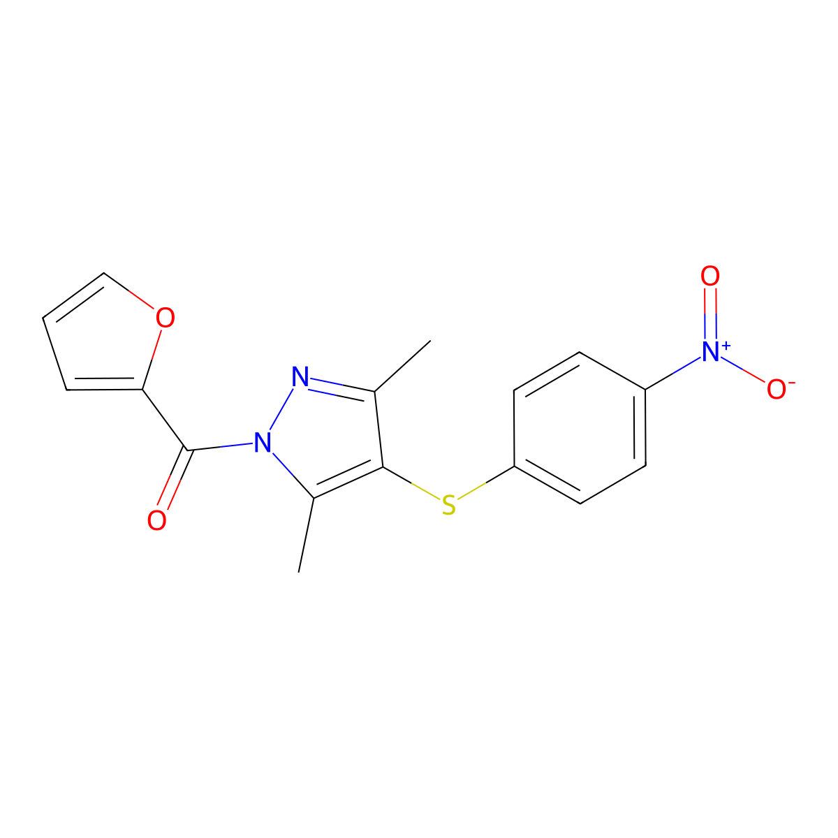 [3,5-Dimethyl-4-(4-nitrophenyl)sulfanylpyrazol-1-yl]-(furan-2-yl)methanone molecular structure, CAS 394237-05-9