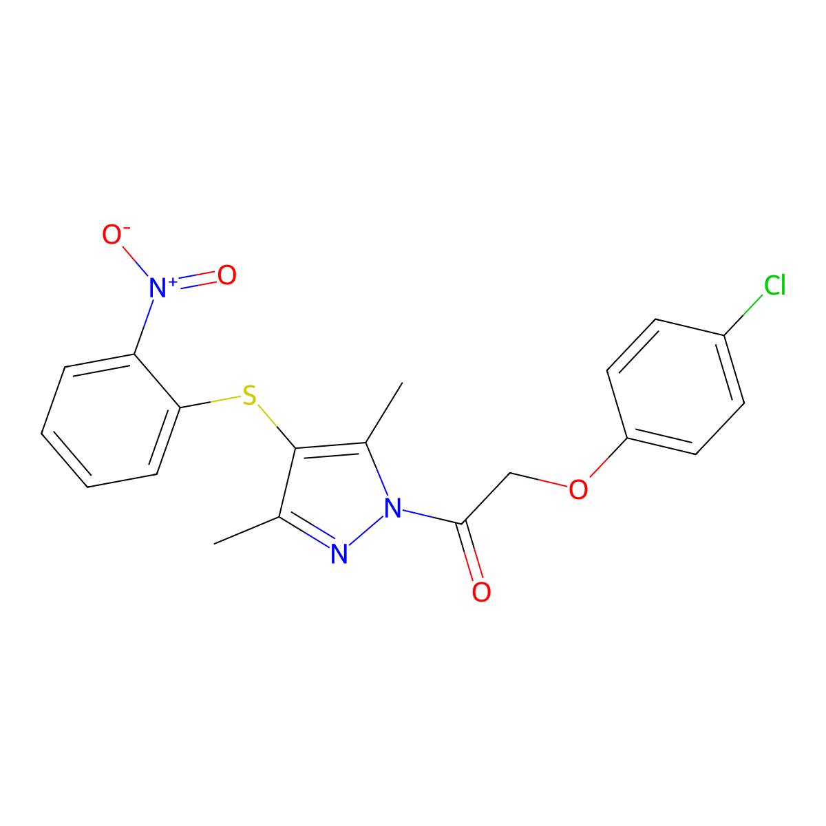 2-(4-chlorophenoxy)-1-{3,5-dimethyl-4-[(2-nitrophenyl)sulfanyl]-1H-pyrazol-1-yl}ethan-1-one molecular structure, CAS 394237-12-8