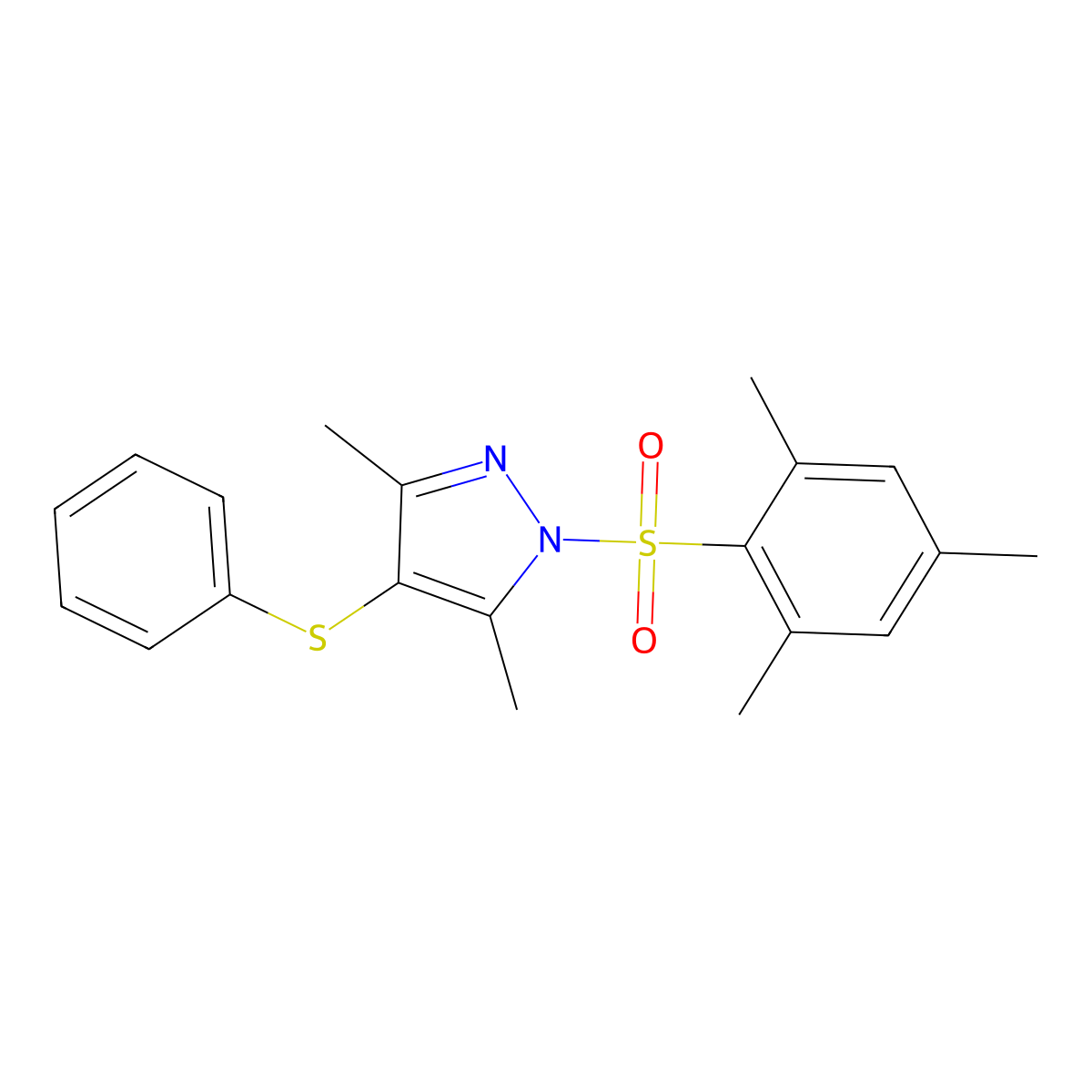3,5-Dimethyl-4-phenylsulfanyl-1-(2,4,6-trimethylphenyl)sulfonylpyrazole molecular structure, CAS 394237-16-2