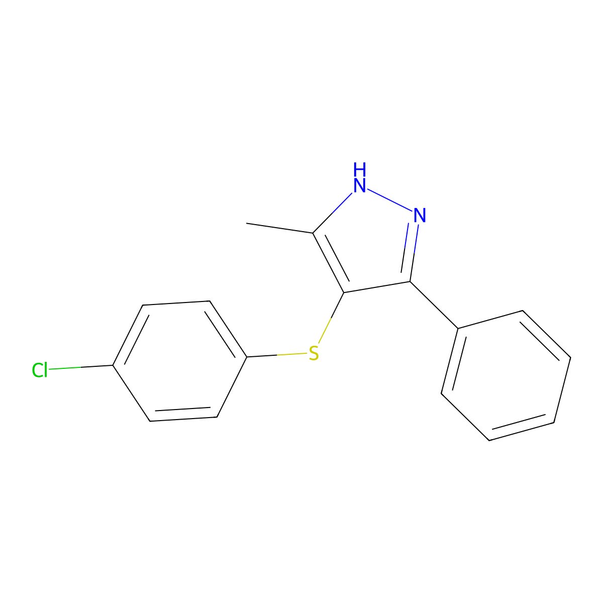 4-((4-chlorophenyl)thio)-3-methyl-5-phenyl-1H-pyrazole molecular structure, CAS 394237-20-8