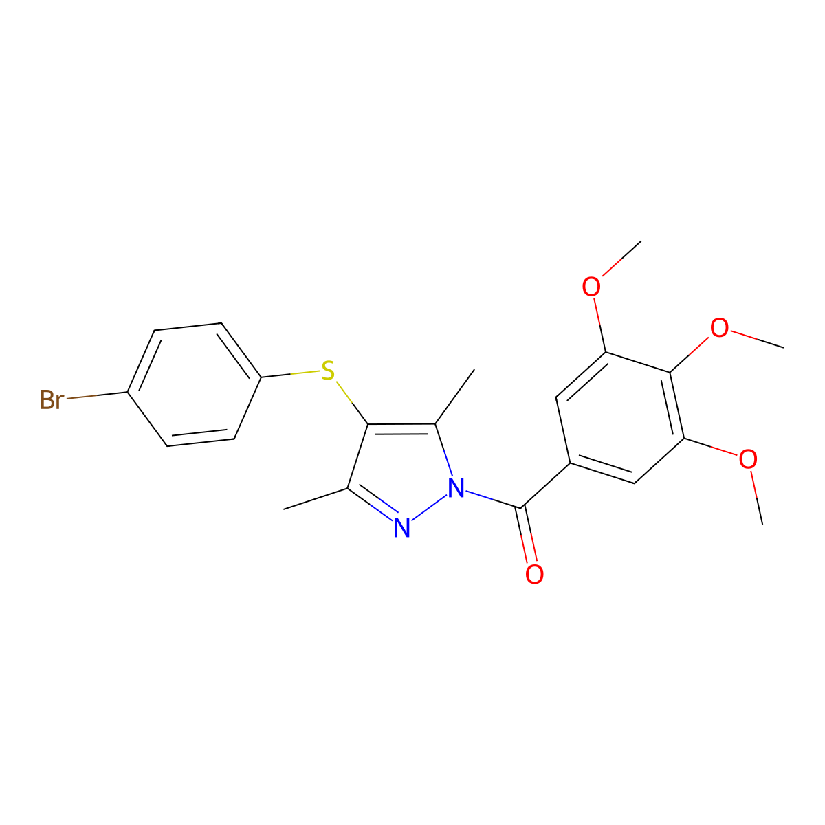 (4-((4-bromophenyl)thio)-3,5-dimethyl-1H-pyrazol-1-yl)(3,4,5-trimethoxyphenyl)methanone molecular structure, CAS 394237-46-8