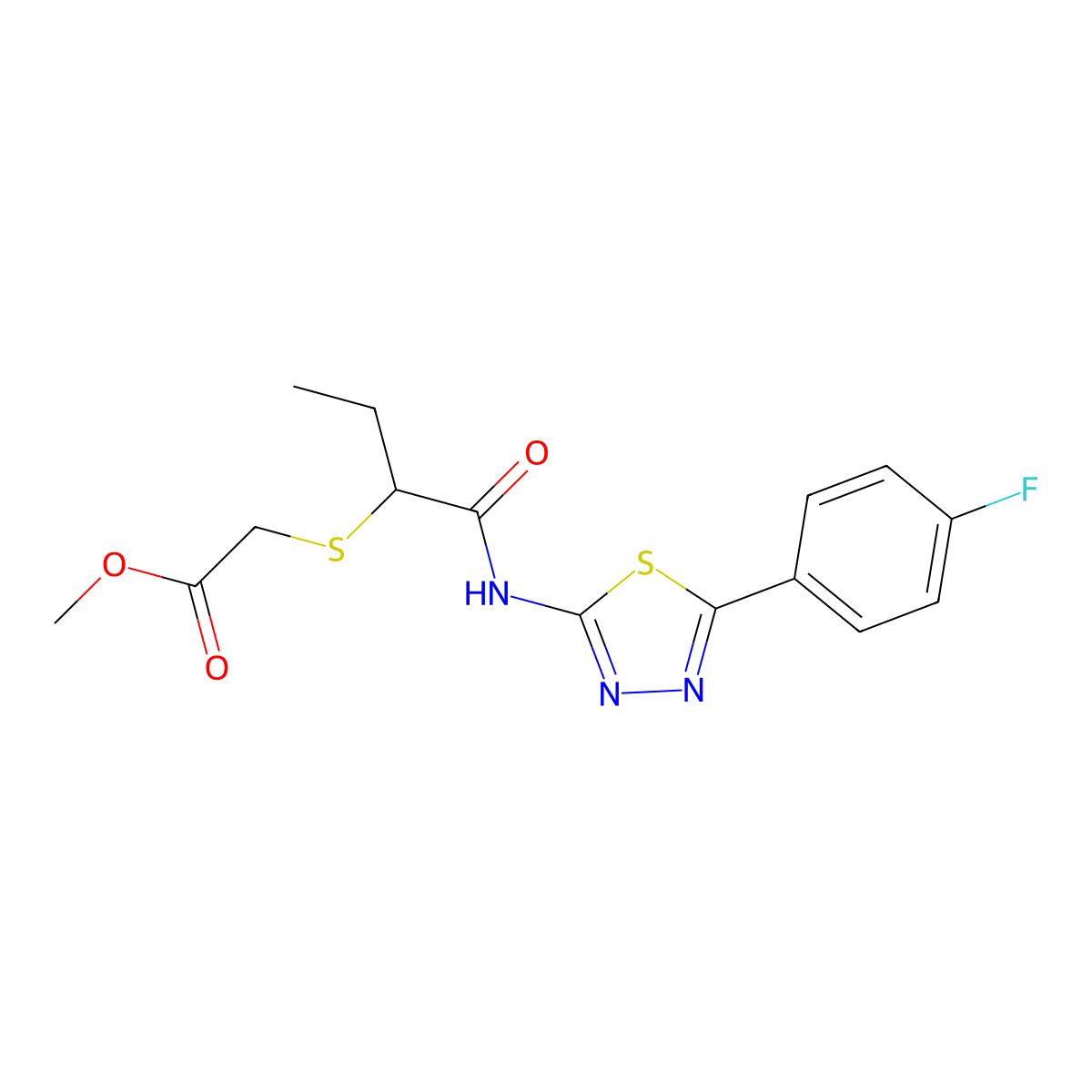 Methyl 2-((1-((5-(4-fluorophenyl)-1,3,4-thiadiazol-2-yl)amino)-1-oxobutan-2-yl)thio)acetate molecular structure, CAS 394237-54-8