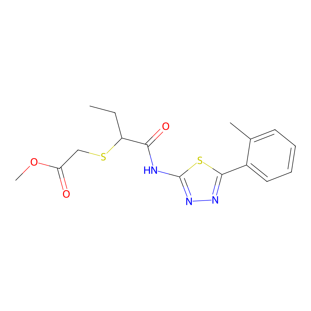 Methyl 2-((1-oxo-1-((5-(o-tolyl)-1,3,4-thiadiazol-2-yl)amino)butan-2-yl)thio)acetate molecular structure, CAS 394237-71-9