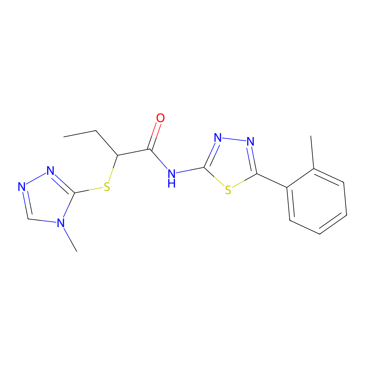 2-((4-methyl-4H-1,2,4-triazol-3-yl)thio)-N-(5-(o-tolyl)-1,3,4-thiadiazol-2-yl)butanamide molecular structure, CAS 394237-75-3
