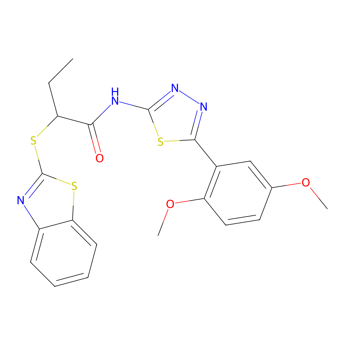 2-(1,3-benzothiazol-2-ylsulfanyl)-N-[5-(2,5-dimethoxyphenyl)-1,3,4-thiadiazol-2-yl]butanamide molecular structure, CAS 394238-52-9