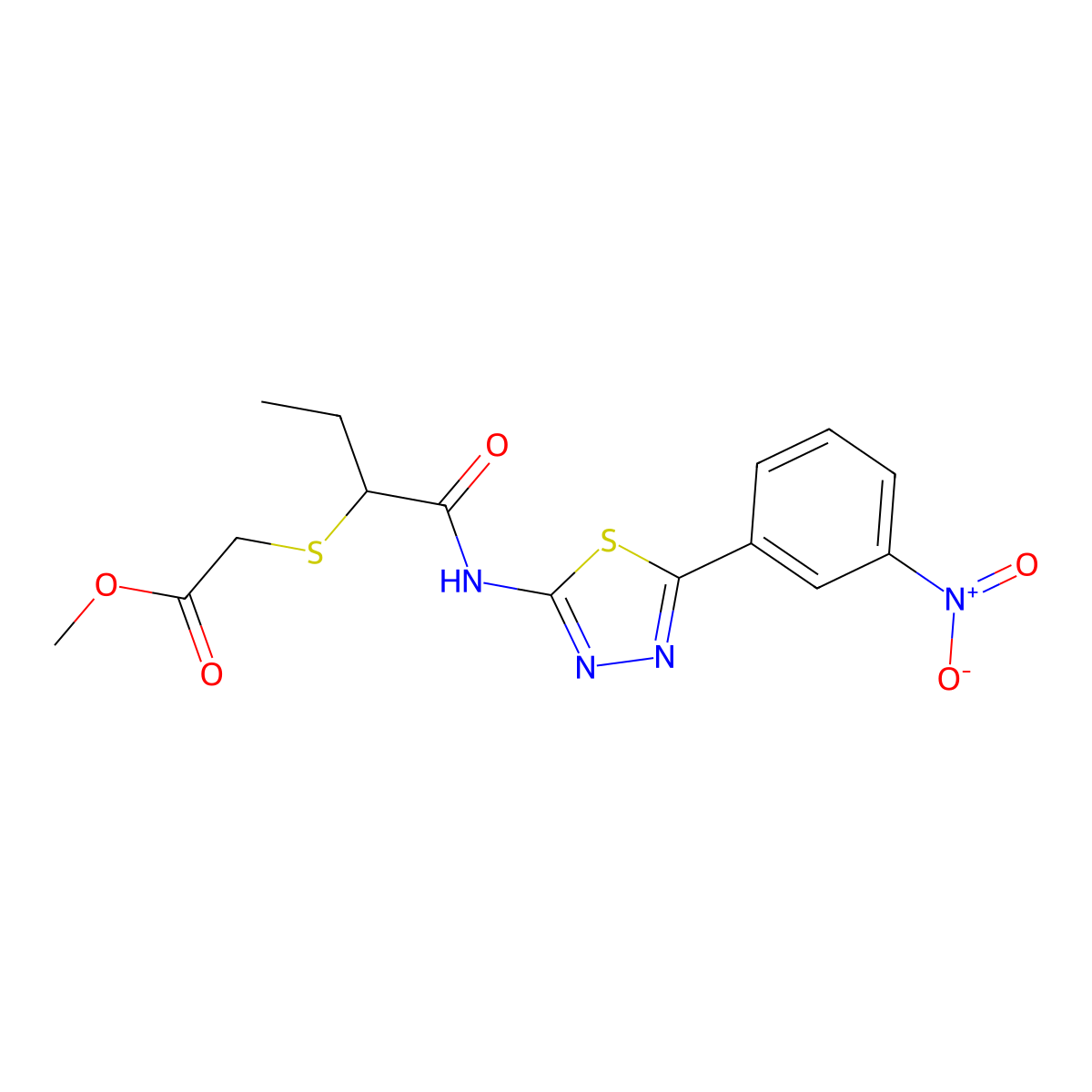 Methyl 2-((1-((5-(3-nitrophenyl)-1,3,4-thiadiazol-2-yl)amino)-1-oxobutan-2-yl)thio)acetate molecular structure, CAS 394239-29-3