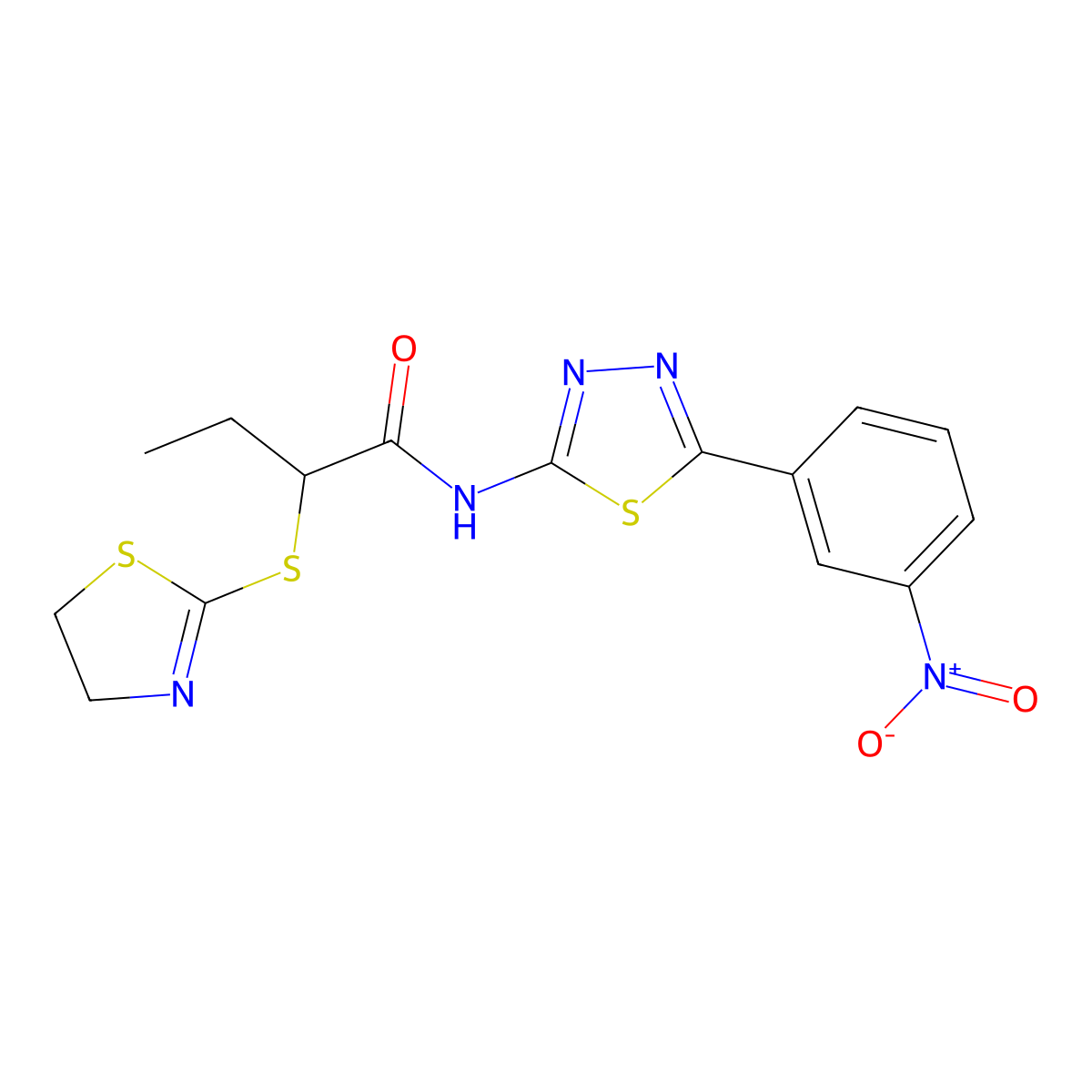 2-(4,5-dihydro-1,3-thiazol-2-ylsulfanyl)-N-[5-(3-nitrophenyl)-1,3,4-thiadiazol-2-yl]butanamide molecular structure, CAS 394239-30-6