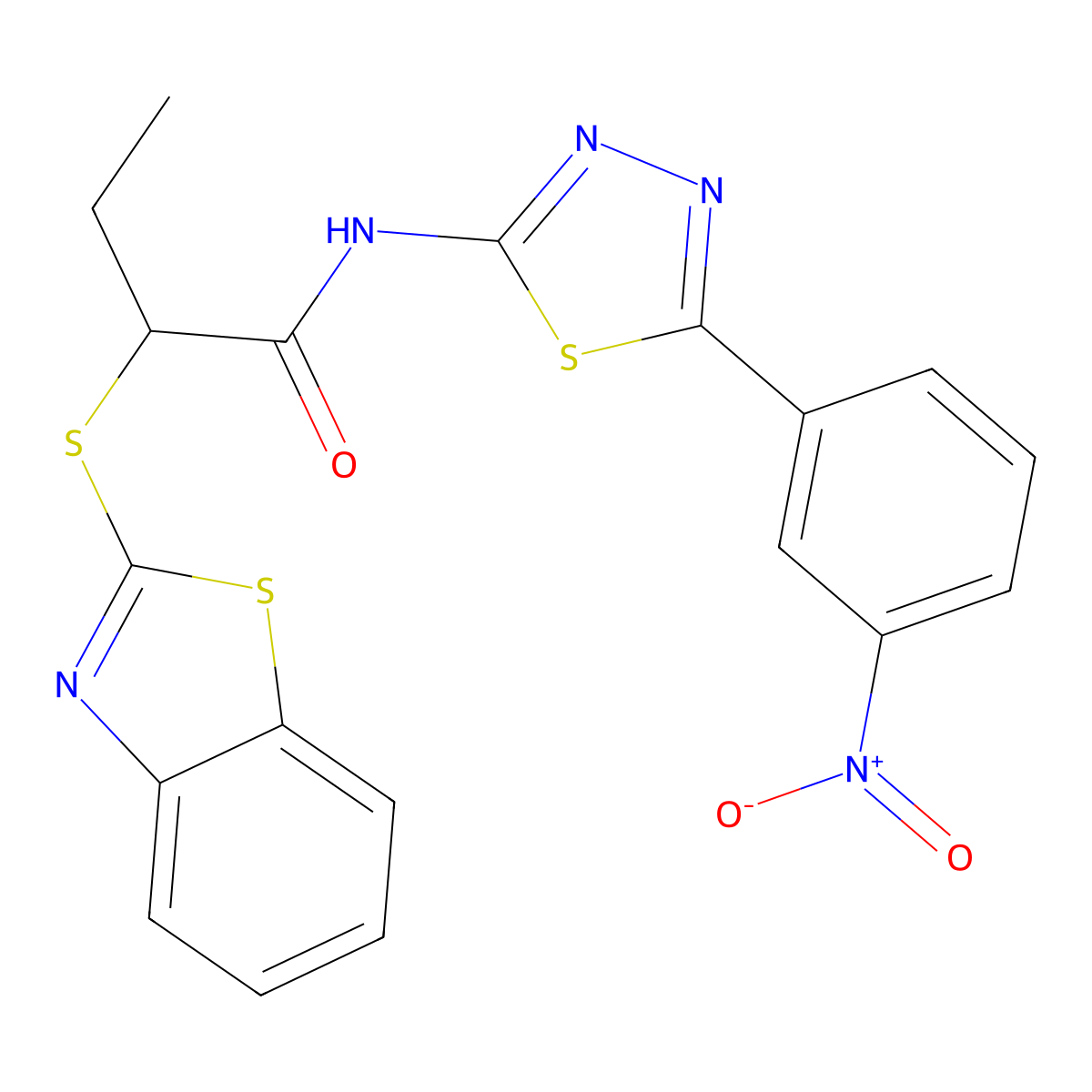 2-(1,3-benzothiazol-2-ylsulfanyl)-N-[5-(3-nitrophenyl)-1,3,4-thiadiazol-2-yl]butanamide molecular structure, CAS 394239-34-0