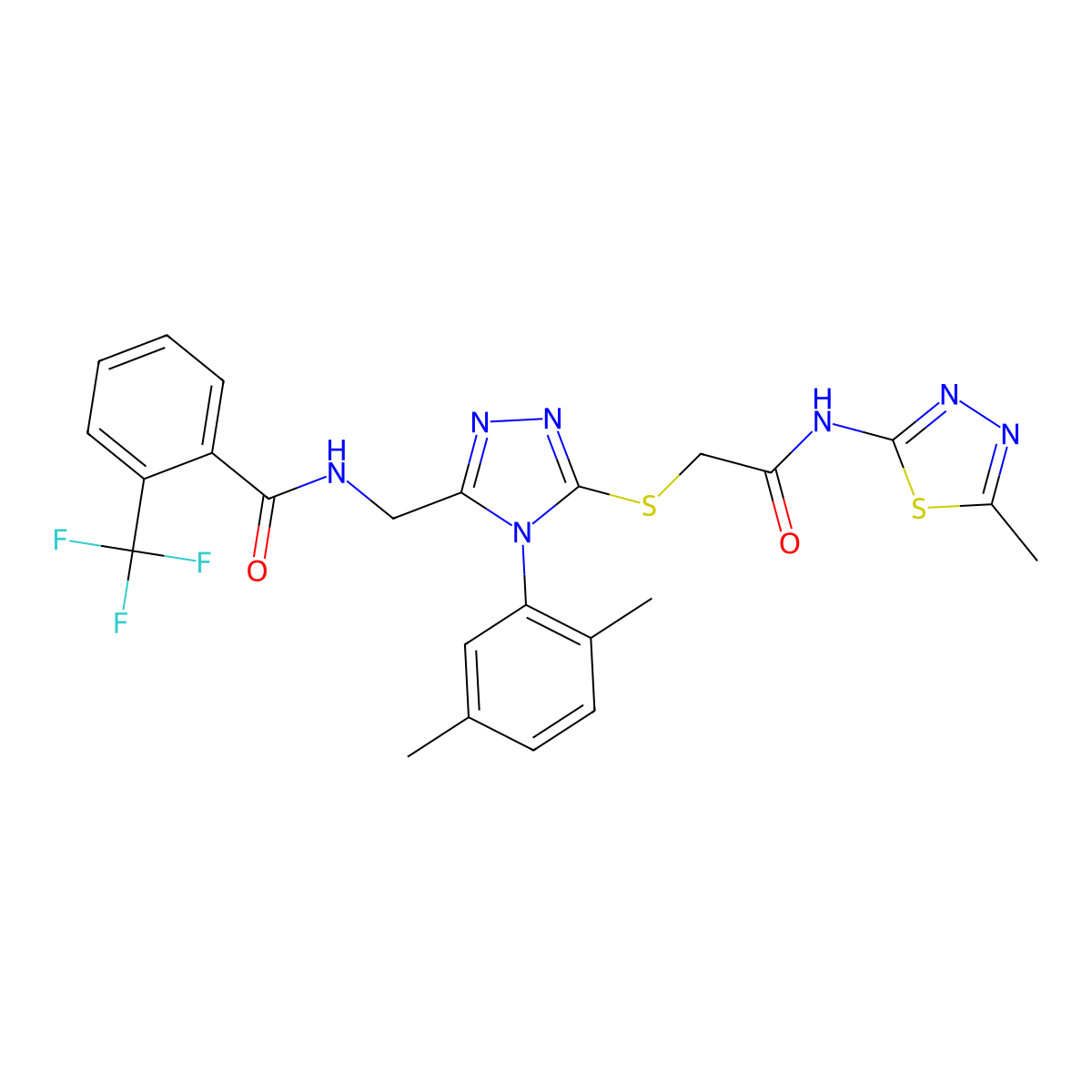 N-((4-(2,5-dimethylphenyl)-5-((2-((5-methyl-1,3,4-thiadiazol-2-yl)amino)-2-oxoethyl)thio)-4H-1,2,4-triazol-3-yl)methyl)-2-(trifluoromethyl)benzamide molecular structure, CAS 394239-72-6