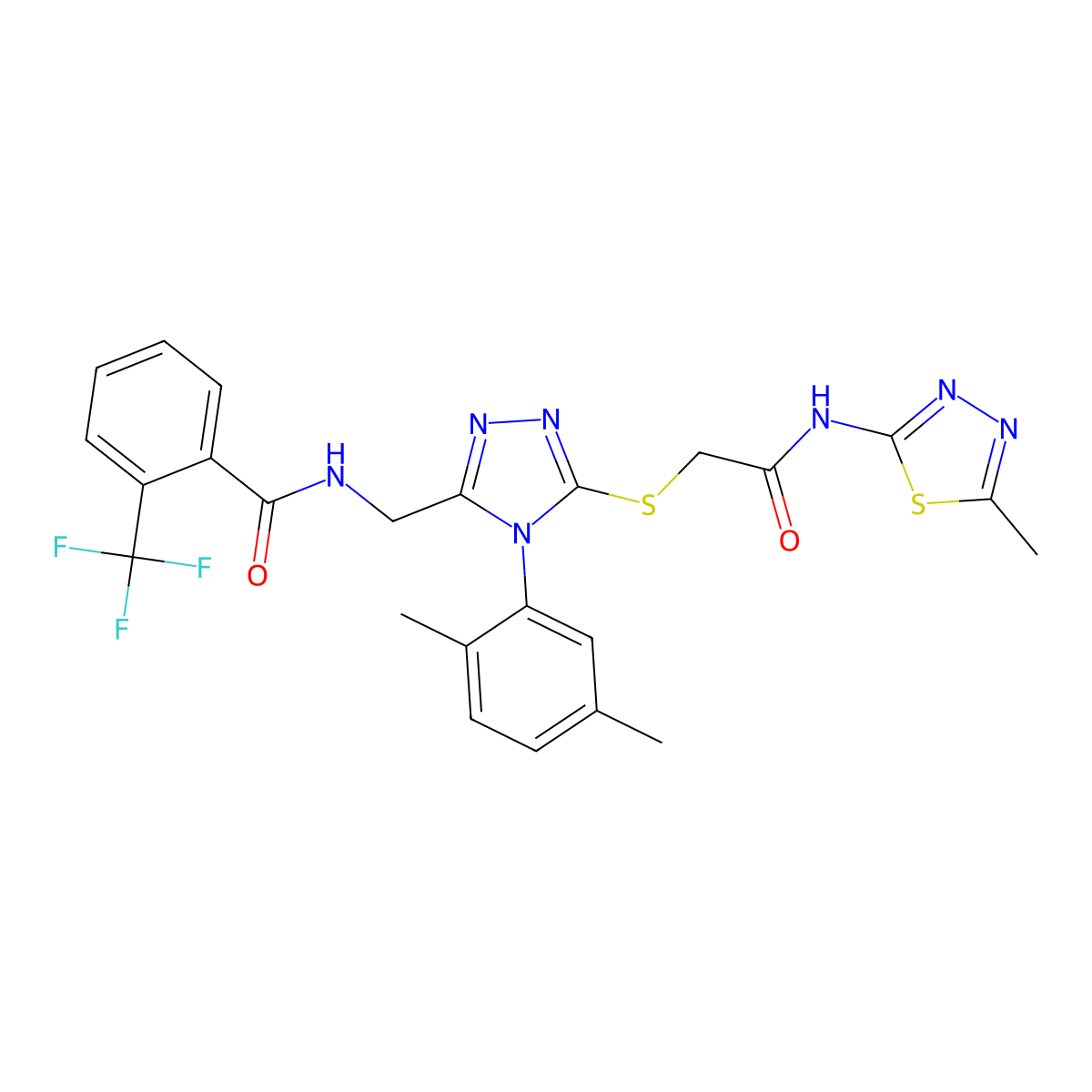 N-((4-(2,5-dimethylphenyl)-5-((2-((5-methyl-1,3,4-thiadiazol-2-yl)amino)-2-oxoethyl)thio)-4H-1,2,4-triazol-3-yl)methyl)-2-(trifluoromethyl)benzamide molecular structure, CAS 394239-72-6
