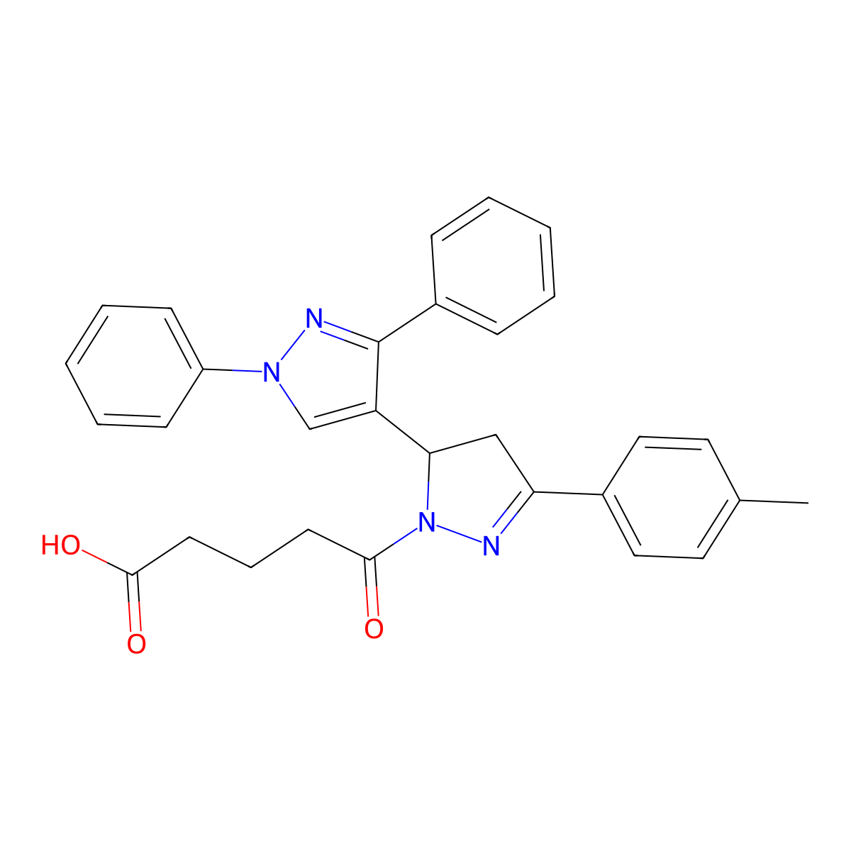 5-(1',3'-diphenyl-5-(p-tolyl)-3,4-dihydro-1'H,2H-[3,4'-bipyrazol]-2-yl)-5-oxopentanoic acid molecular structure, CAS 394239-82-8