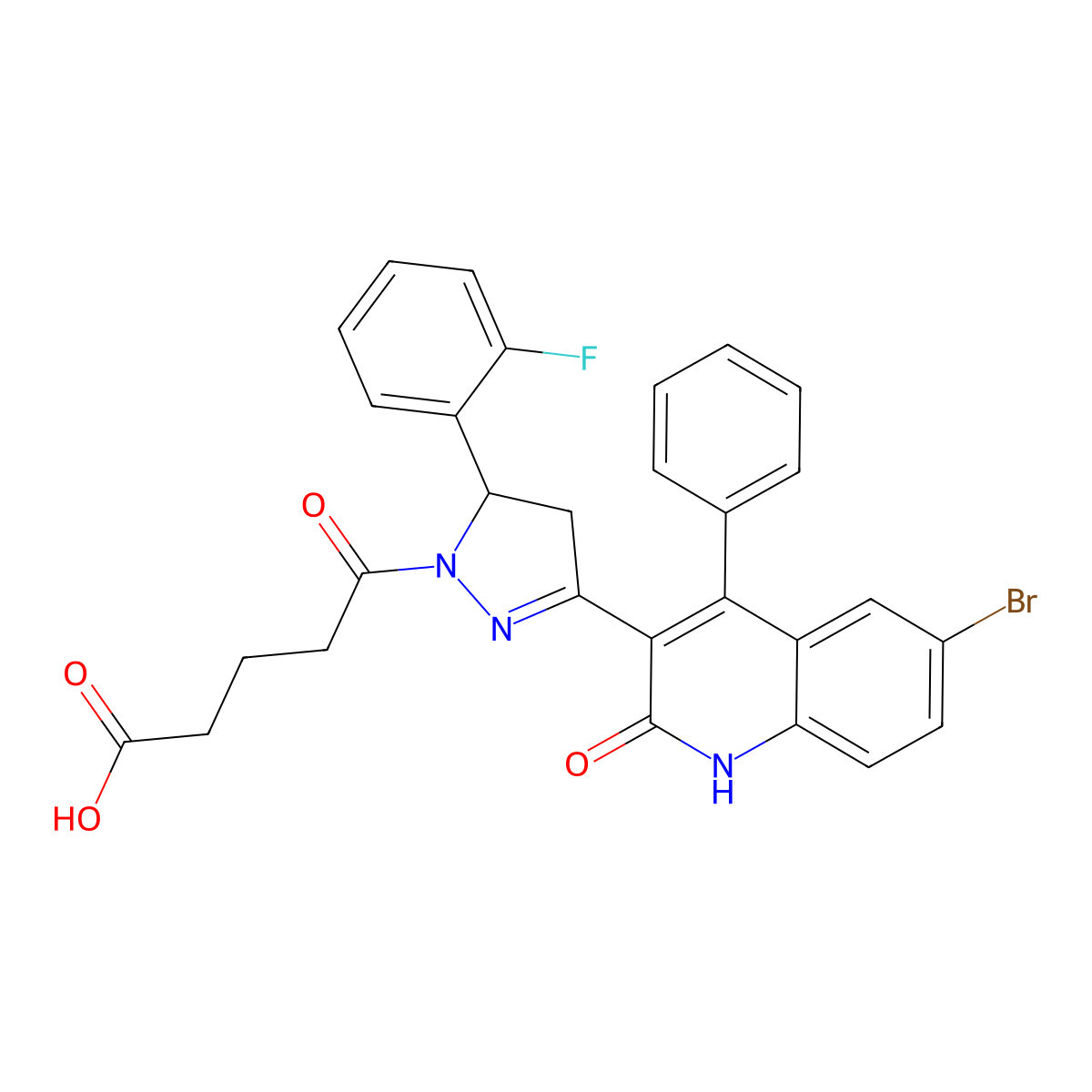 5-(3-(6-bromo-2-oxo-4-phenyl-1,2-dihydroquinolin-3-yl)-5-(2-fluorophenyl)-4,5-dihydro-1H-pyrazol-1-yl)-5-oxopentanoic acid molecular structure, CAS 394239-89-5