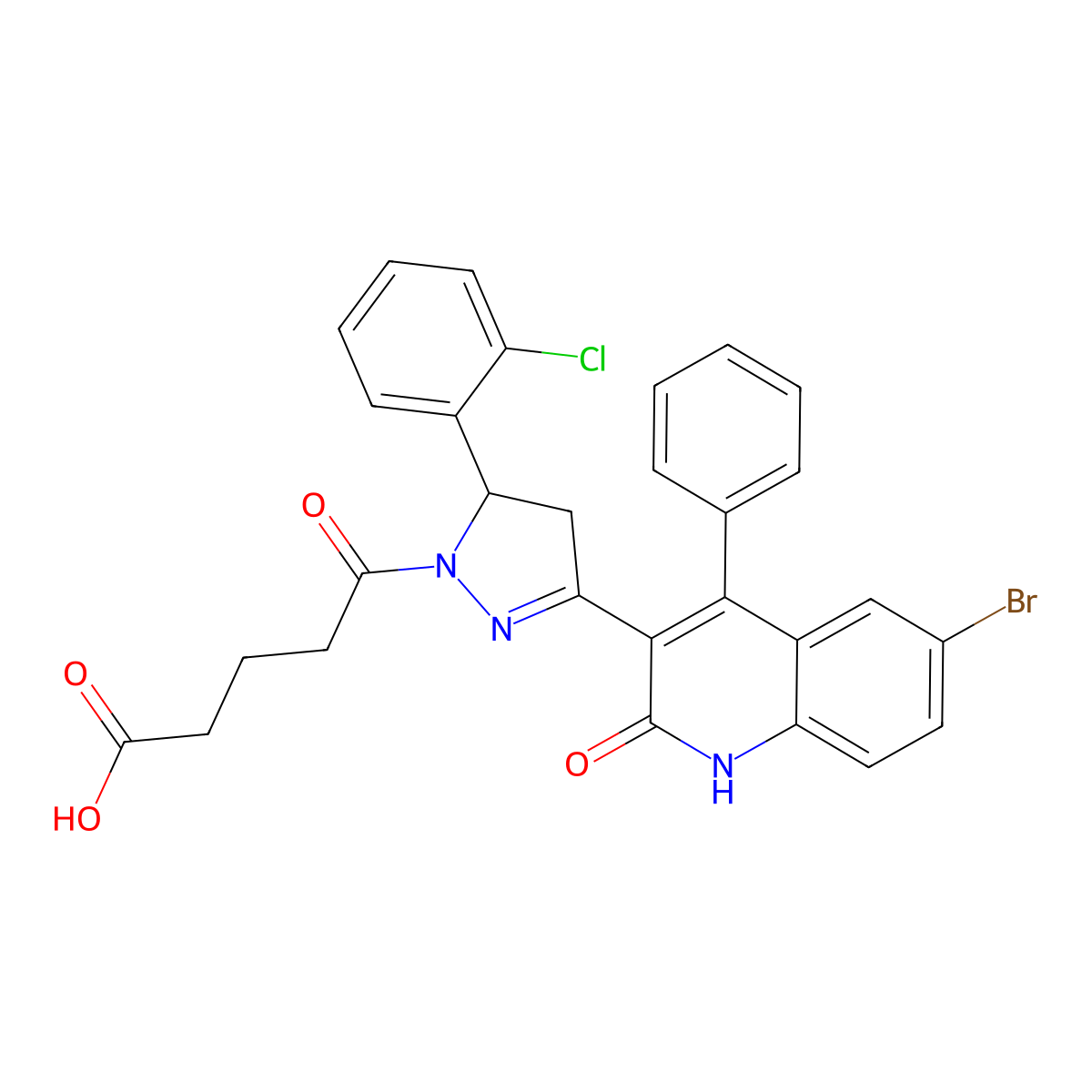 5-(3-(6-bromo-2-oxo-4-phenyl-1,2-dihydroquinolin-3-yl)-5-(2-chlorophenyl)-4,5-dihydro-1H-pyrazol-1-yl)-5-oxopentanoic acid molecular structure, CAS 394239-91-9