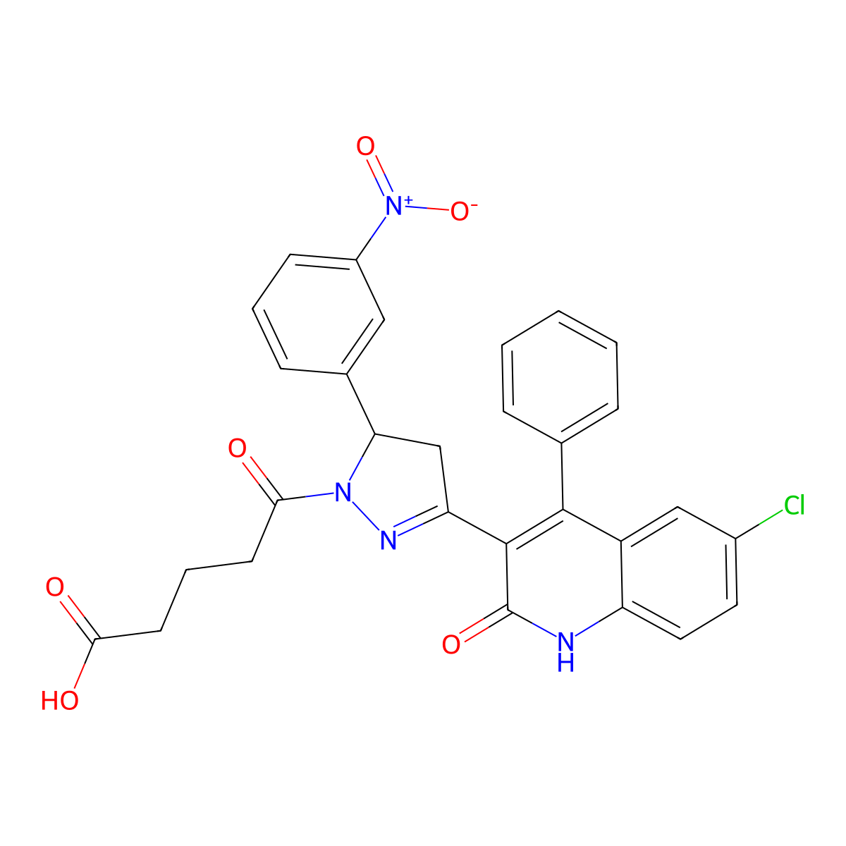 5-(3-(6-chloro-2-oxo-4-phenyl-1,2-dihydroquinolin-3-yl)-5-(3-nitrophenyl)-4,5-dihydro-1H-pyrazol-1-yl)-5-oxopentanoic acid molecular structure, CAS 394239-93-1