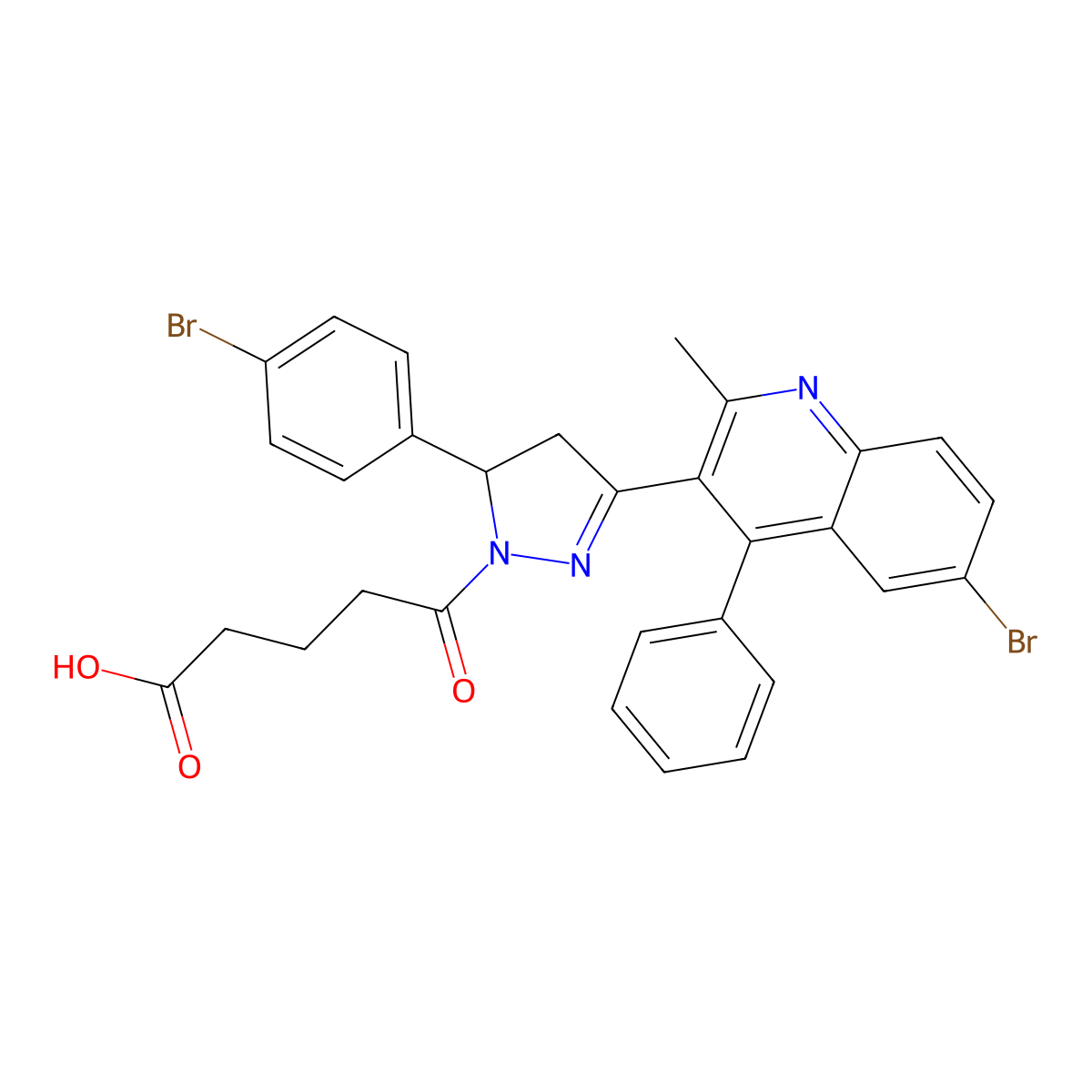 5-(3-(6-bromo-2-methyl-4-phenylquinolin-3-yl)-5-(4-bromophenyl)-4,5-dihydro-1H-pyrazol-1-yl)-5-oxopentanoic acid molecular structure, CAS 394239-95-3