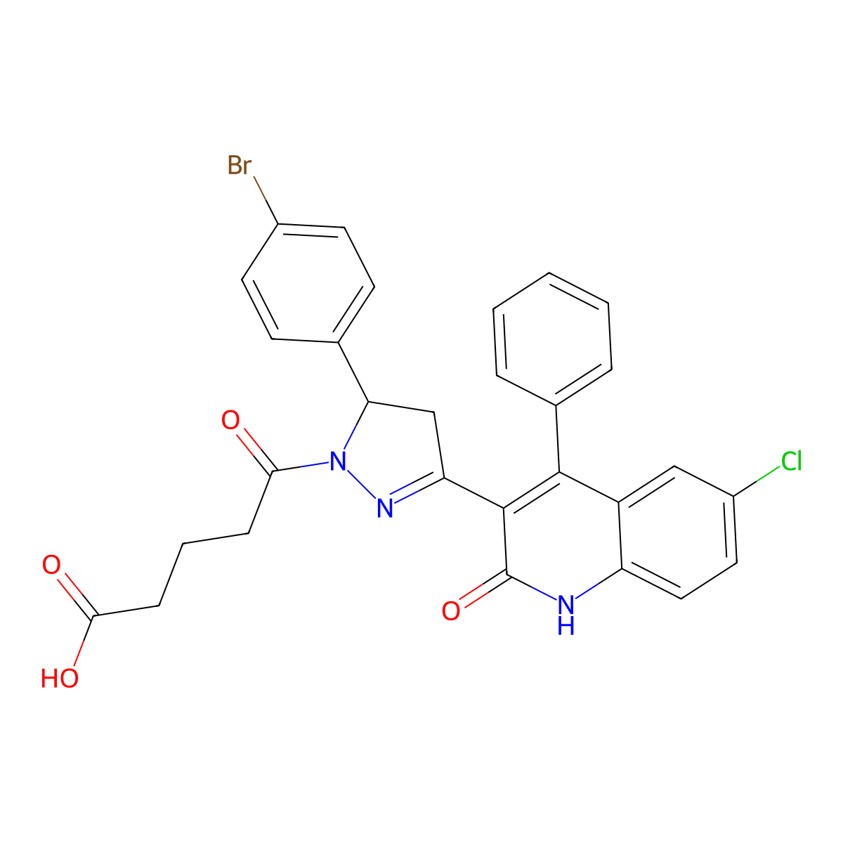 5-(5-(4-bromophenyl)-3-(6-chloro-2-oxo-4-phenyl-1,2-dihydroquinolin-3-yl)-4,5-dihydro-1H-pyrazol-1-yl)-5-oxopentanoic acid molecular structure, CAS 394239-98-6