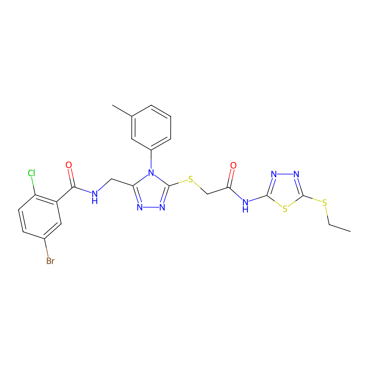 5-bromo-2-chloro-N-((5-((2-((5-(ethylthio)-1,3,4-thiadiazol-2-yl)amino)-2-oxoethyl)thio)-4-(m-tolyl)-4H-1,2,4-triazol-3-yl)methyl)benzamide molecular structure, CAS 394240-48-3