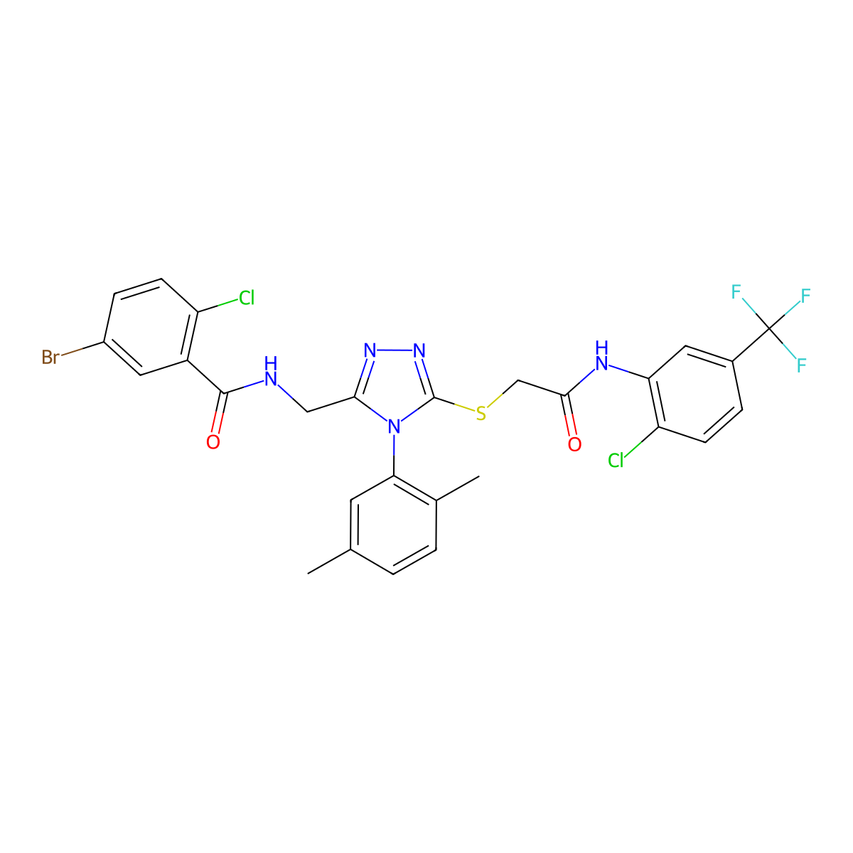 5-bromo-2-chloro-N-[[5-[2-[2-chloro-5-(trifluoromethyl)anilino]-2-oxoethyl]sulfanyl-4-(2,5-dimethylphenyl)-1,2,4-triazol-3-yl]methyl]benzamide molecular structure, CAS 394241-12-4