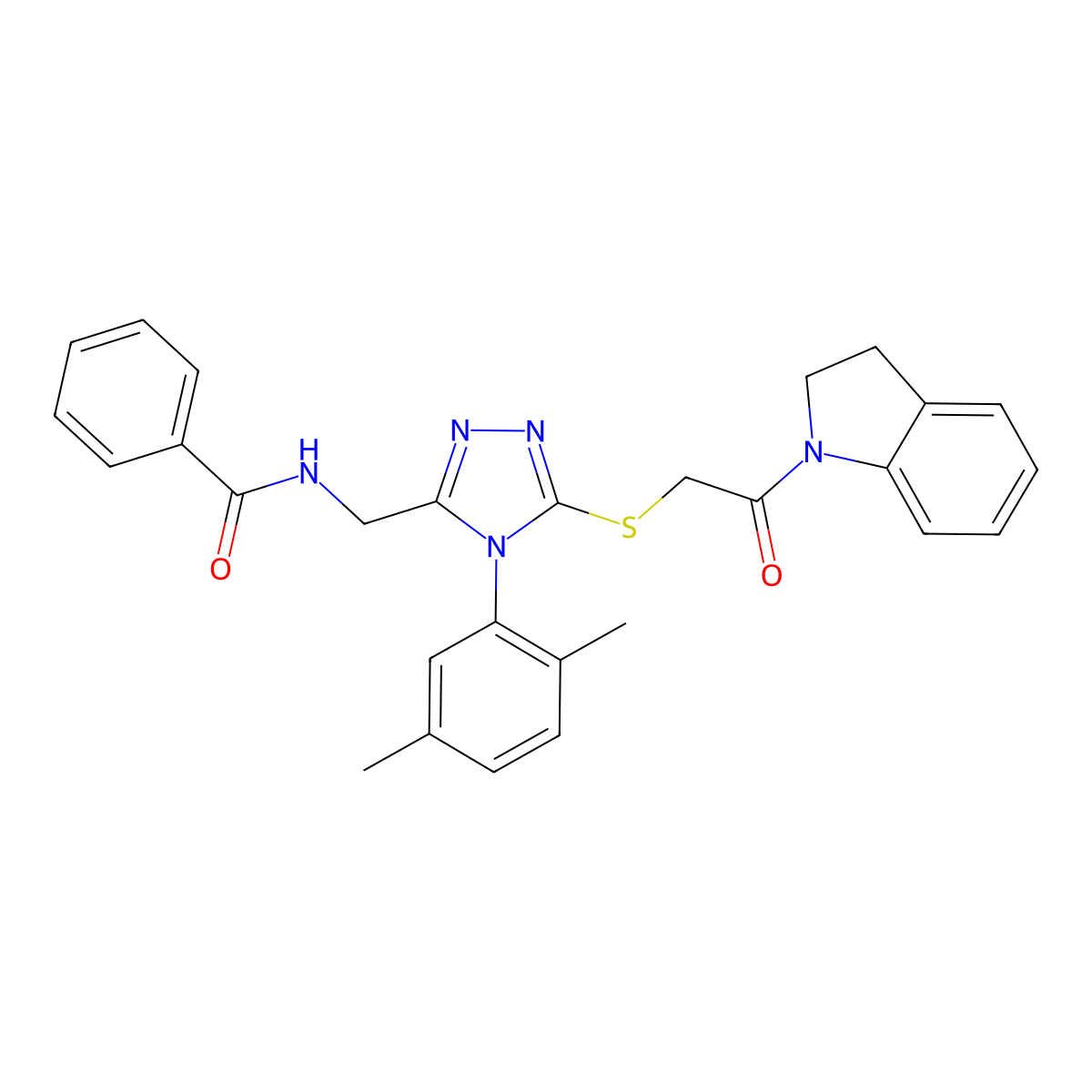 N-((4-(2,5-dimethylphenyl)-5-((2-(indolin-1-yl)-2-oxoethyl)thio)-4H-1,2,4-triazol-3-yl)methyl)benzamide molecular structure, CAS 394241-82-8