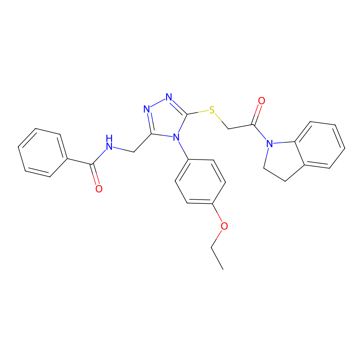 N-((4-(4-ethoxyphenyl)-5-((2-(indolin-1-yl)-2-oxoethyl)thio)-4H-1,2,4-triazol-3-yl)methyl)benzamide molecular structure, CAS 394242-38-7