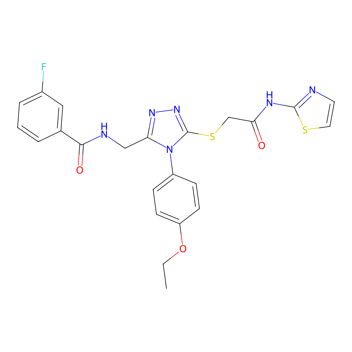 N-((4-(4-ethoxyphenyl)-5-((2-oxo-2-(thiazol-2-ylamino)ethyl)thio)-4H-1,2,4-triazol-3-yl)methyl)-3-fluorobenzamide molecular structure, CAS 394243-33-5