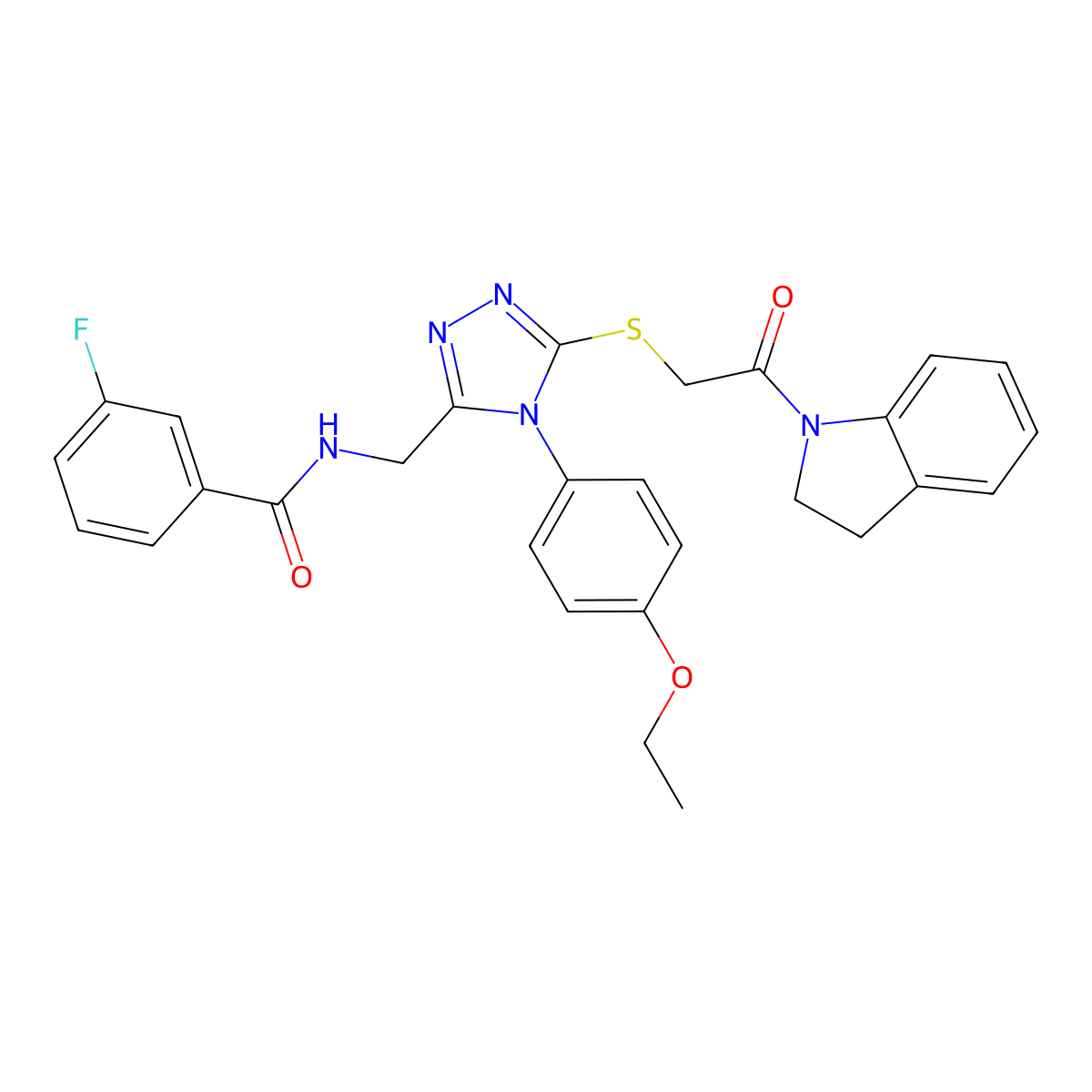 N-((4-(4-ethoxyphenyl)-5-((2-(indolin-1-yl)-2-oxoethyl)thio)-4H-1,2,4-triazol-3-yl)methyl)-3-fluorobenzamide molecular structure, CAS 394243-43-7