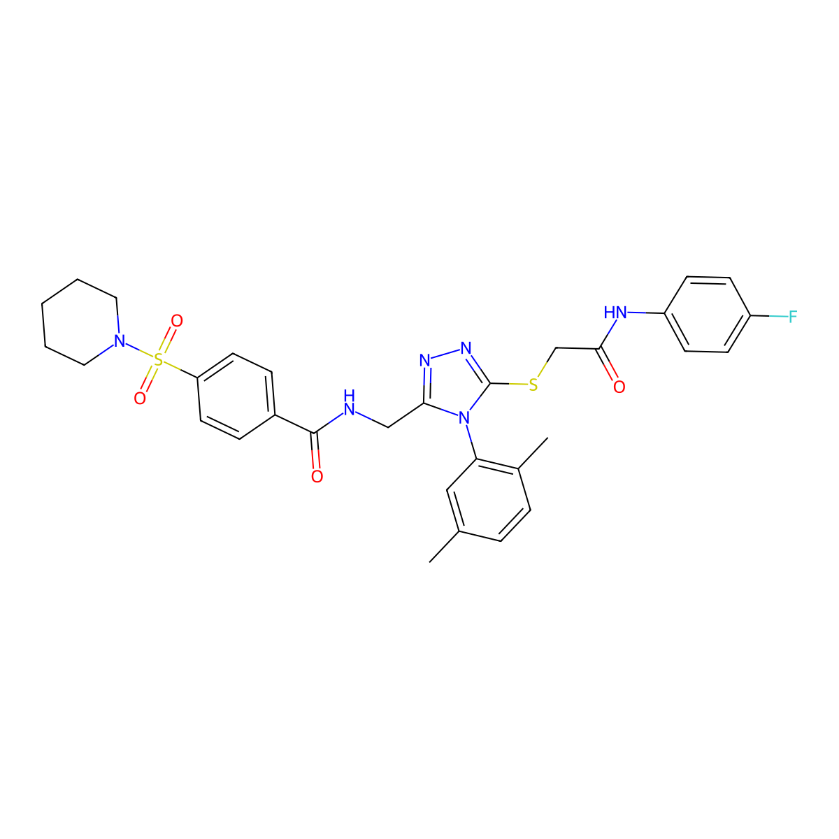 N-((4-(2,5-dimethylphenyl)-5-((2-((4-fluorophenyl)amino)-2-oxoethyl)thio)-4H-1,2,4-triazol-3-yl)methyl)-4-(piperidin-1-ylsulfonyl)benzamide molecular structure, CAS 394243-99-3