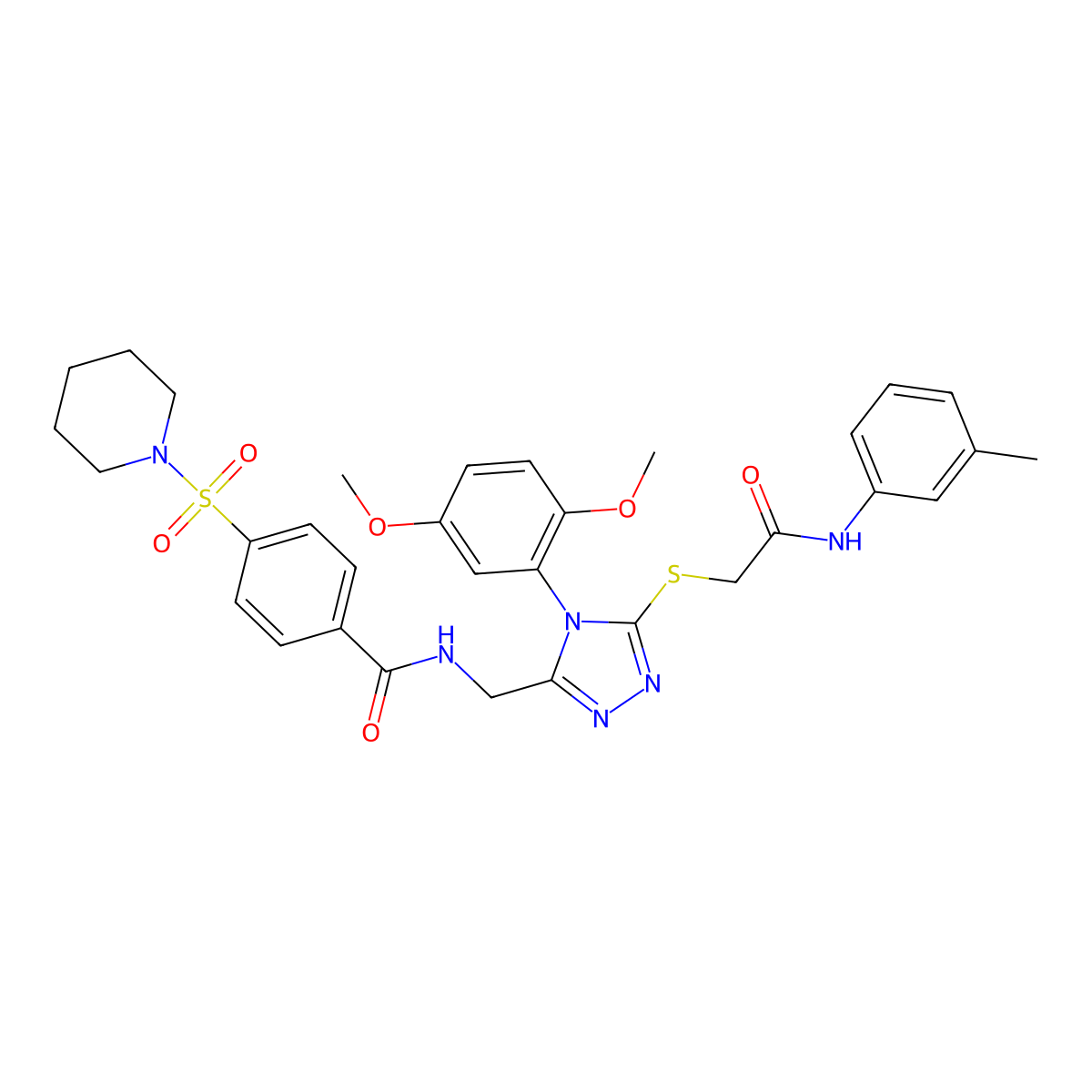 N-{[4-(2,5-dimethoxyphenyl)-5-({[(3-methylphenyl)carbamoyl]methyl}sulfanyl)-4H-1,2,4-triazol-3-yl]methyl}-4-(piperidine-1-sulfonyl)benzamide molecular structure, CAS 394244-08-7