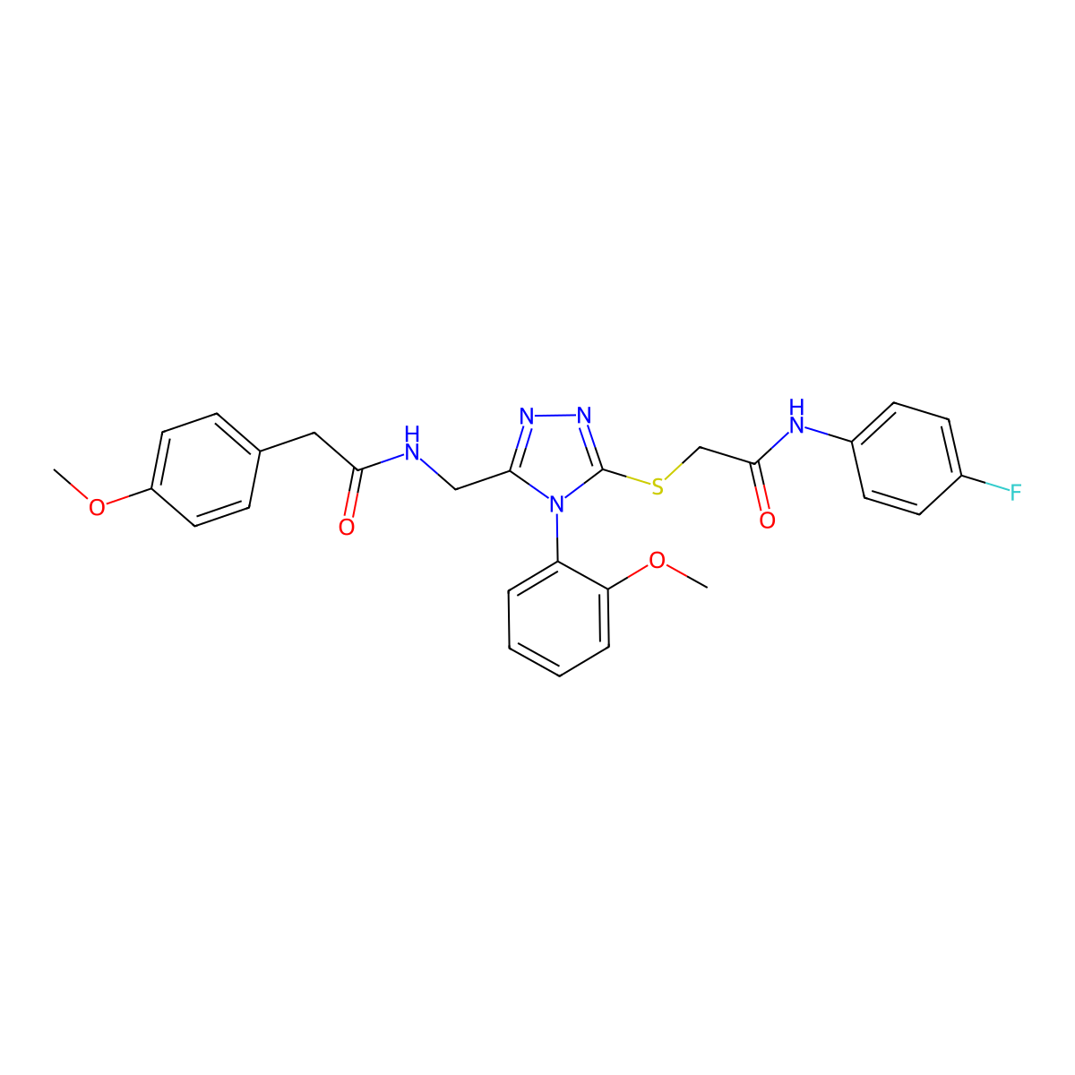 N-(4-fluorophenyl)-2-((4-(2-methoxyphenyl)-5-((2-(4-methoxyphenyl)acetamido)methyl)-4H-1,2,4-triazol-3-yl)thio)acetamide molecular structure, CAS 394244-36-1