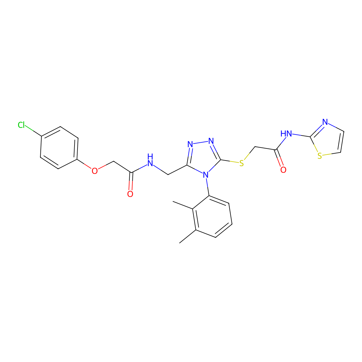2-(4-chlorophenoxy)-N-((4-(2,3-dimethylphenyl)-5-((2-oxo-2-(thiazol-2-ylamino)ethyl)thio)-4H-1,2,4-triazol-3-yl)methyl)acetamide molecular structure, CAS 394245-03-5