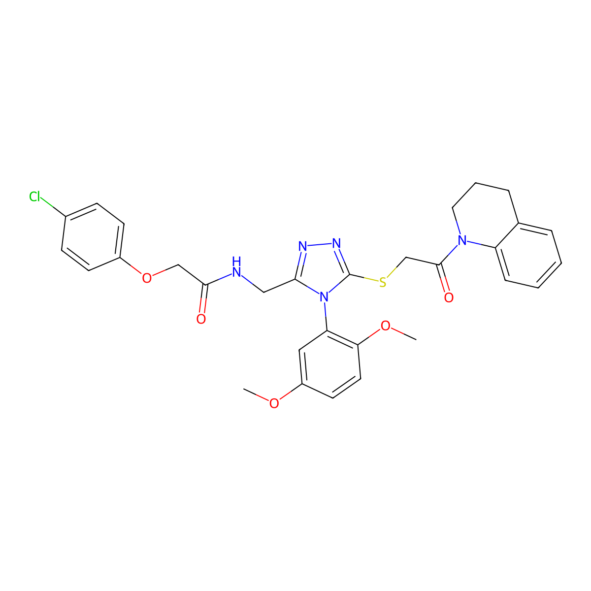 2-(4-chlorophenoxy)-N-[[5-[2-(3,4-dihydro-2H-quinolin-1-yl)-2-oxoethyl]sulfanyl-4-(2,5-dimethoxyphenyl)-1,2,4-triazol-3-yl]methyl]acetamide molecular structure, CAS 394245-31-9