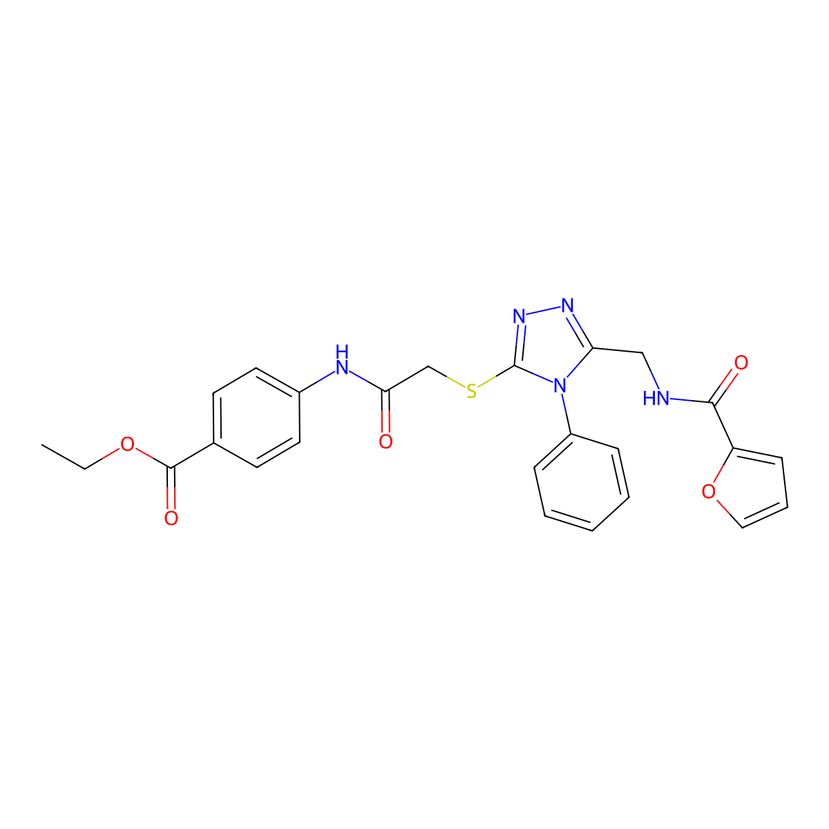 ethyl 4-(2-((5-((furan-2-carboxamido)methyl)-4-phenyl-4H-1,2,4-triazol-3-yl)thio)acetamido)benzoate molecular structure, CAS 394245-45-5