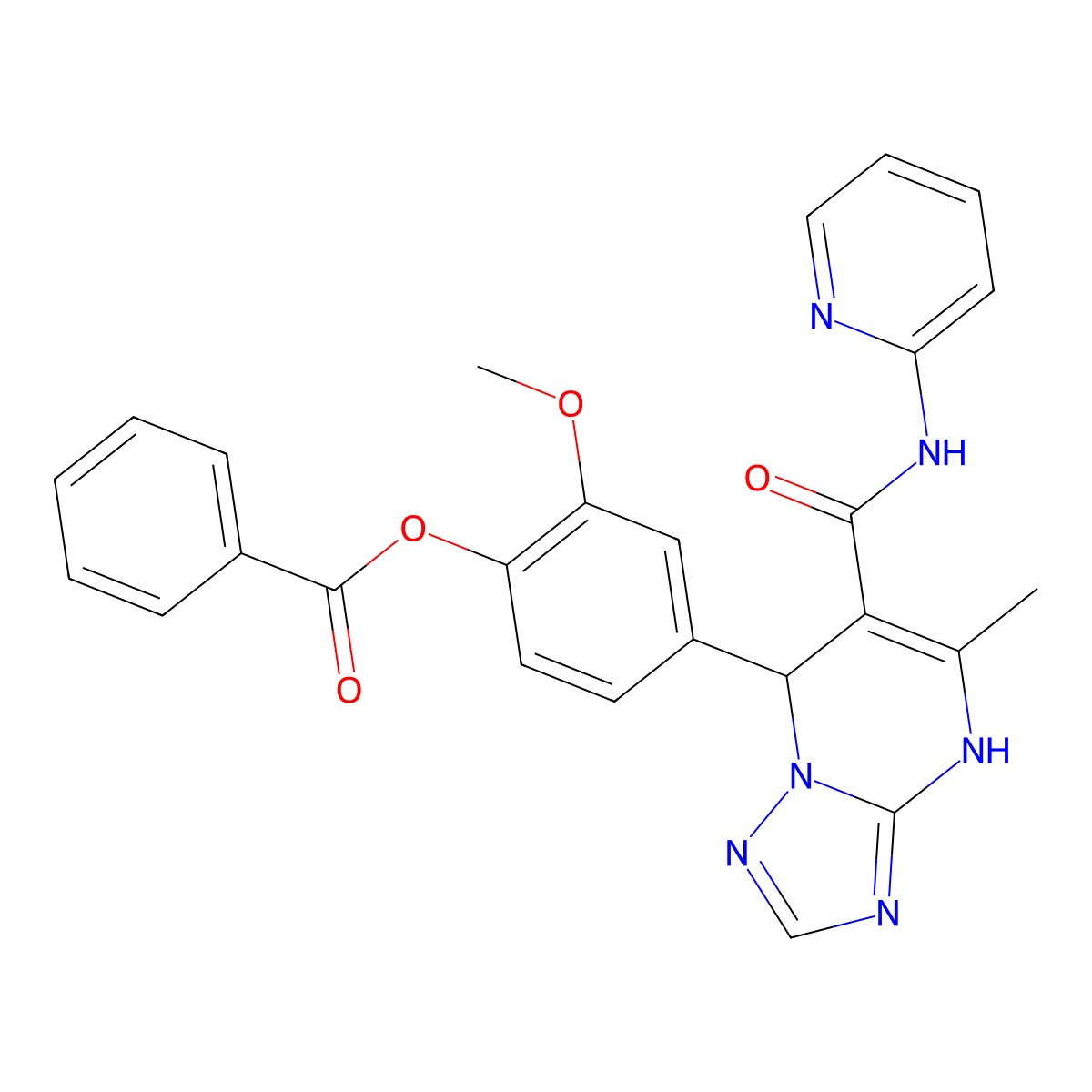 2-Methoxy-4-(5-methyl-6-(pyridin-2-ylcarbamoyl)-4,7-dihydro-[1,2,4]triazolo[1,5-a]pyrimidin-7-yl)phenyl benzoate molecular structure, CAS 394245-78-4