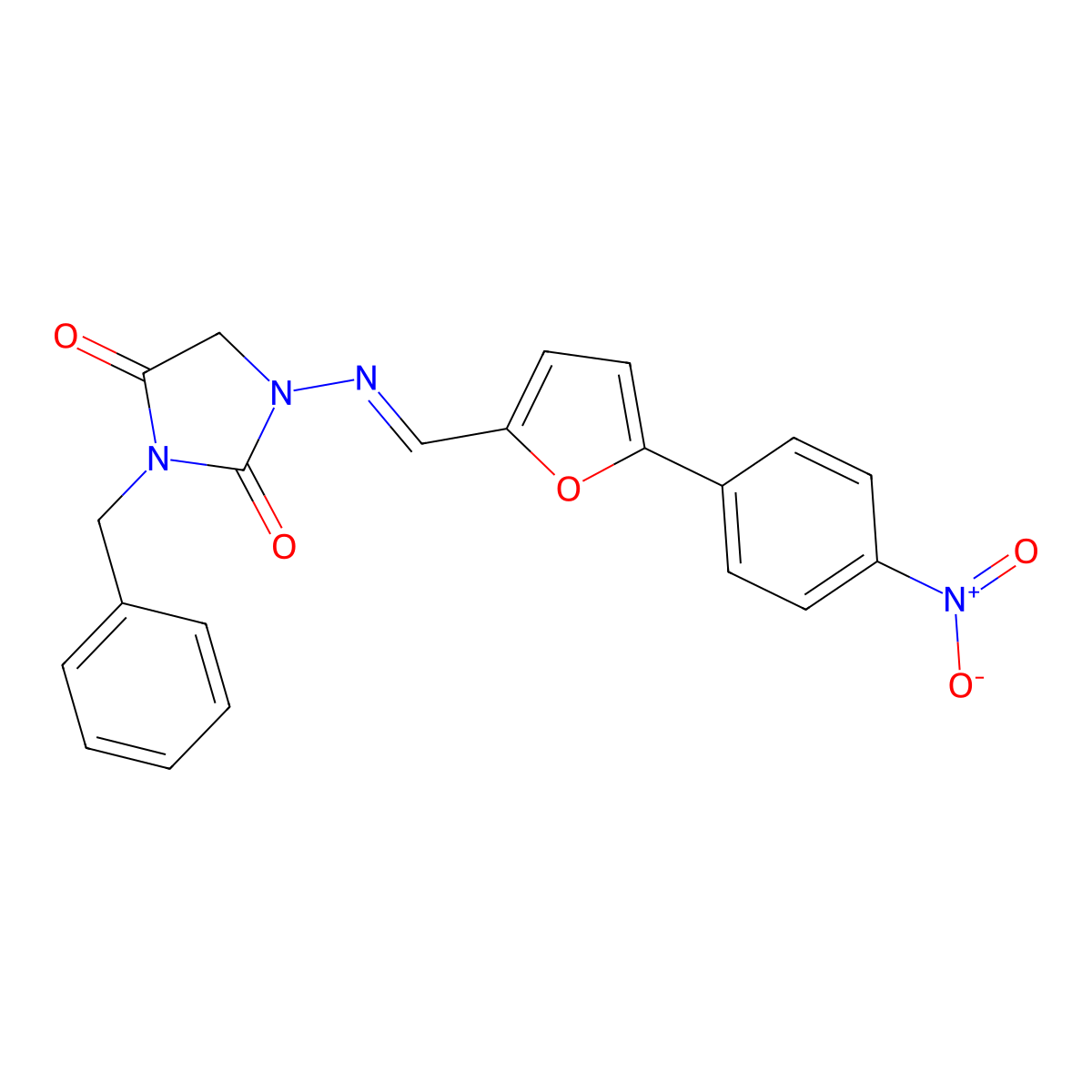 3-benzyl-1-[(E)-{[5-(4-nitrophenyl)furan-2-yl]methylidene}amino]imidazolidine-2,4-dione molecular structure, CAS 394251-43-5