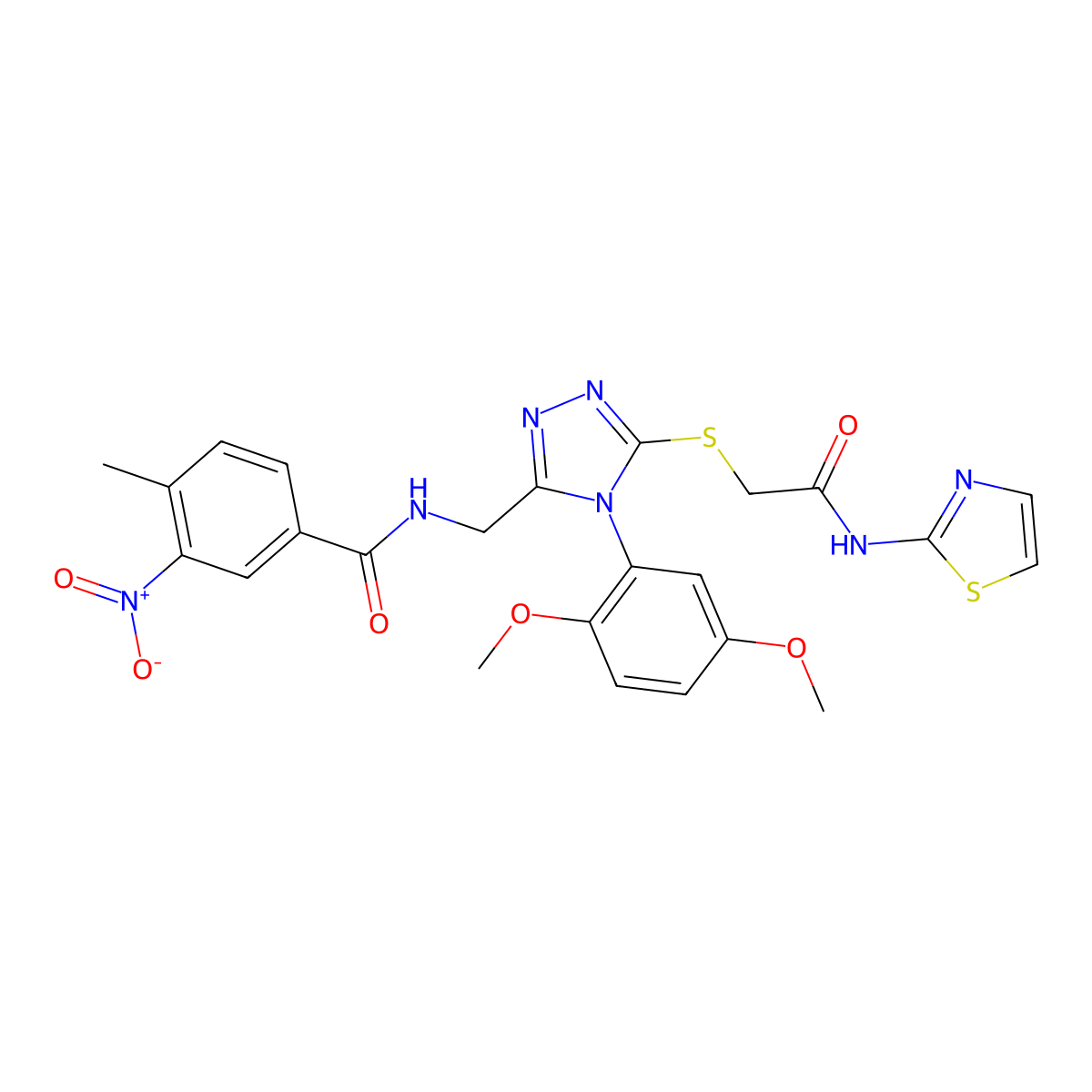 N-((4-(2,5-dimethoxyphenyl)-5-((2-oxo-2-(thiazol-2-ylamino)ethyl)thio)-4H-1,2,4-triazol-3-yl)methyl)-4-methyl-3-nitrobenzamide molecular structure, CAS 394661-84-8