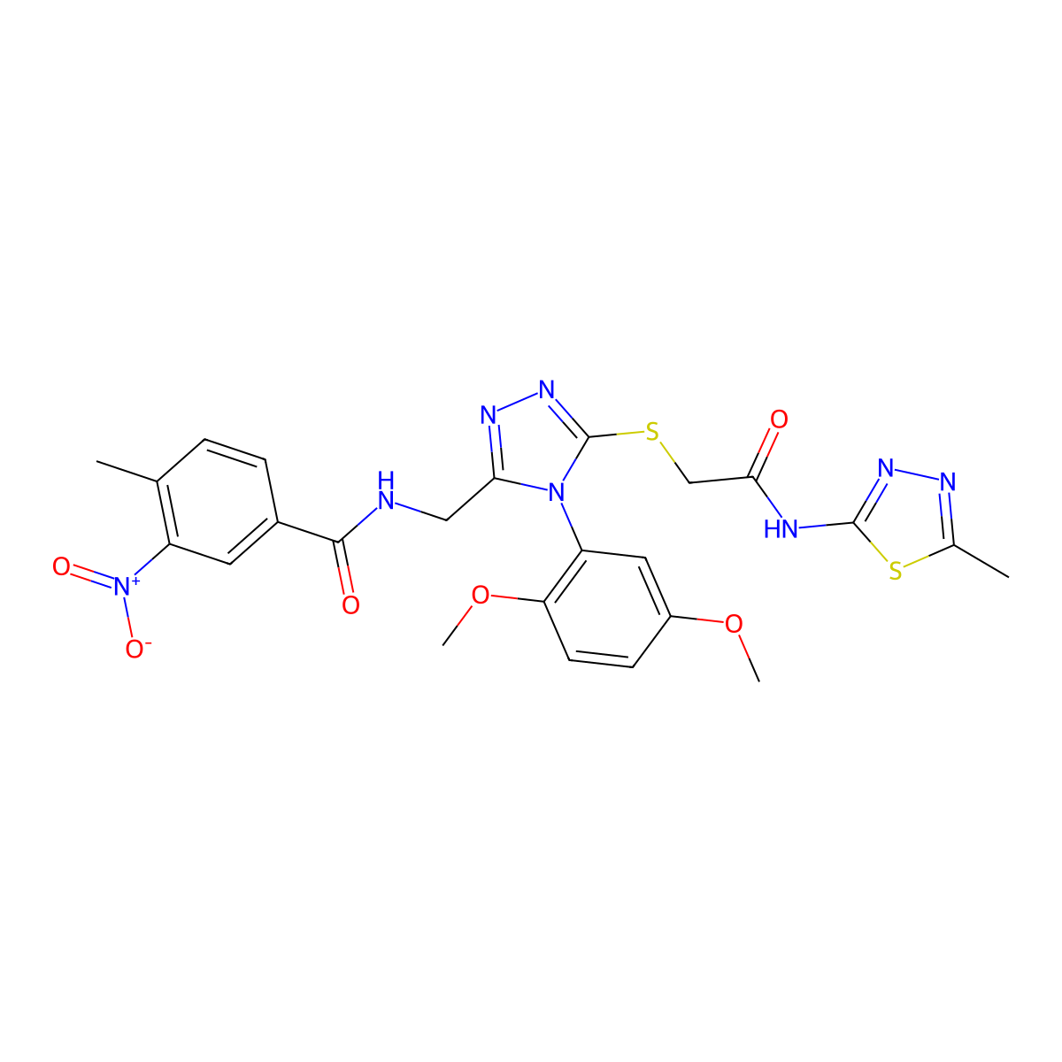 N-((4-(2,5-dimethoxyphenyl)-5-((2-((5-methyl-1,3,4-thiadiazol-2-yl)amino)-2-oxoethyl)thio)-4H-1,2,4-triazol-3-yl)methyl)-4-methyl-3-nitrobenzamide molecular structure, CAS 394661-85-9