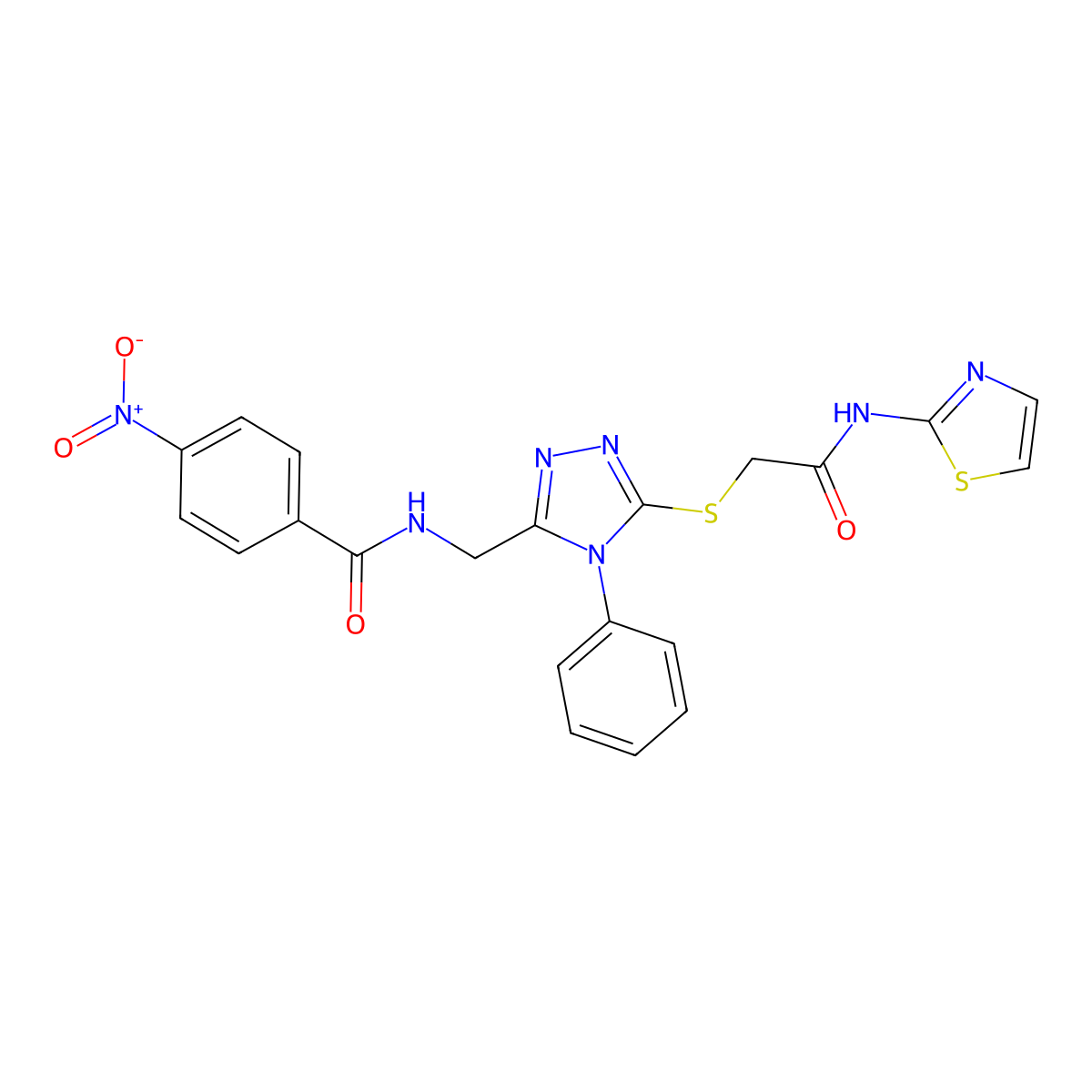 4-nitro-N-((5-((2-oxo-2-(thiazol-2-ylamino)ethyl)thio)-4-phenyl-4H-1,2,4-triazol-3-yl)methyl)benzamide molecular structure, CAS 394662-08-9